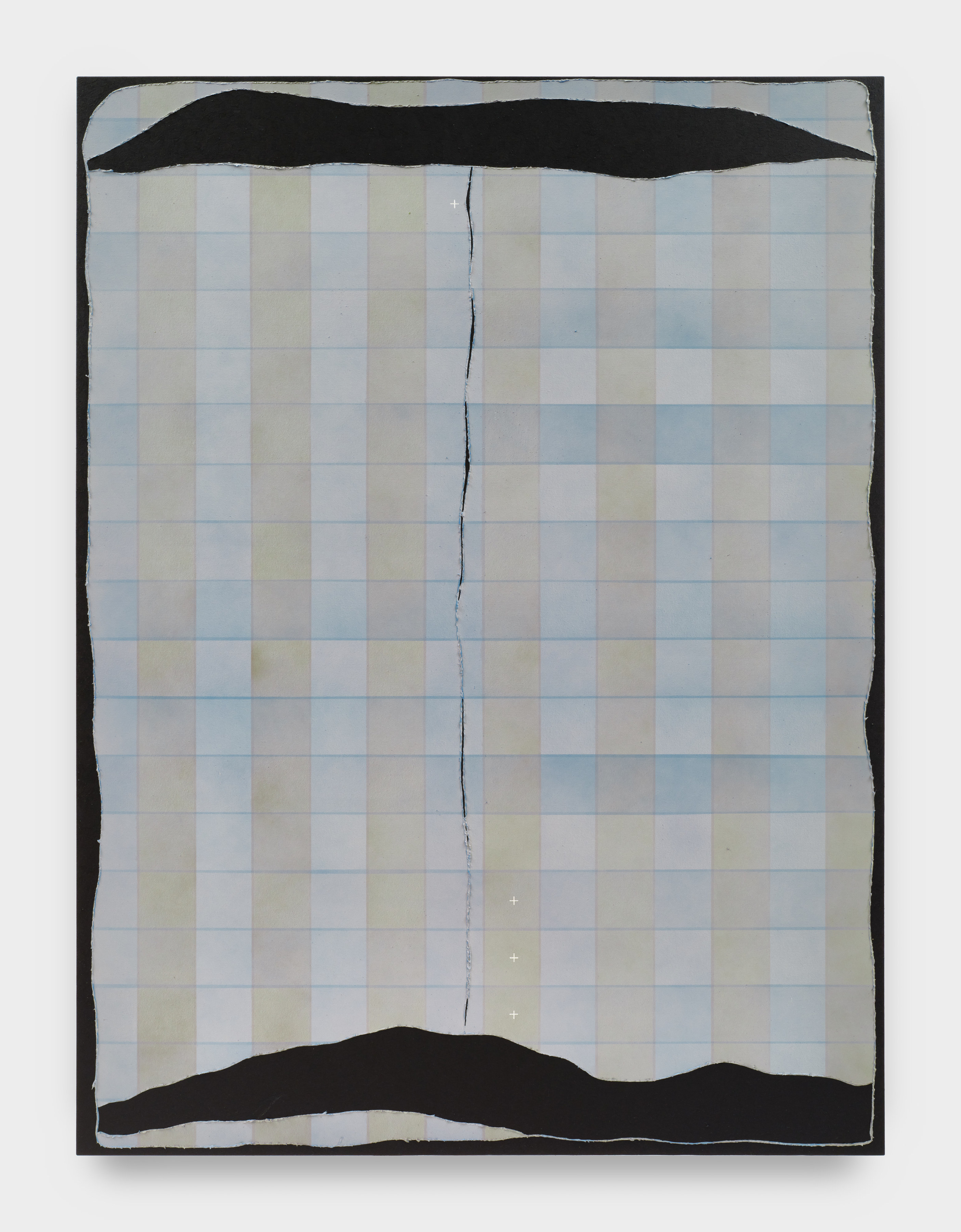 A painting on canvas of plaid in shades of blue, green, and taupe. With two wide black horizontal slashes at the top and bottom of the painting. A thin vertical black jagged line at the center.