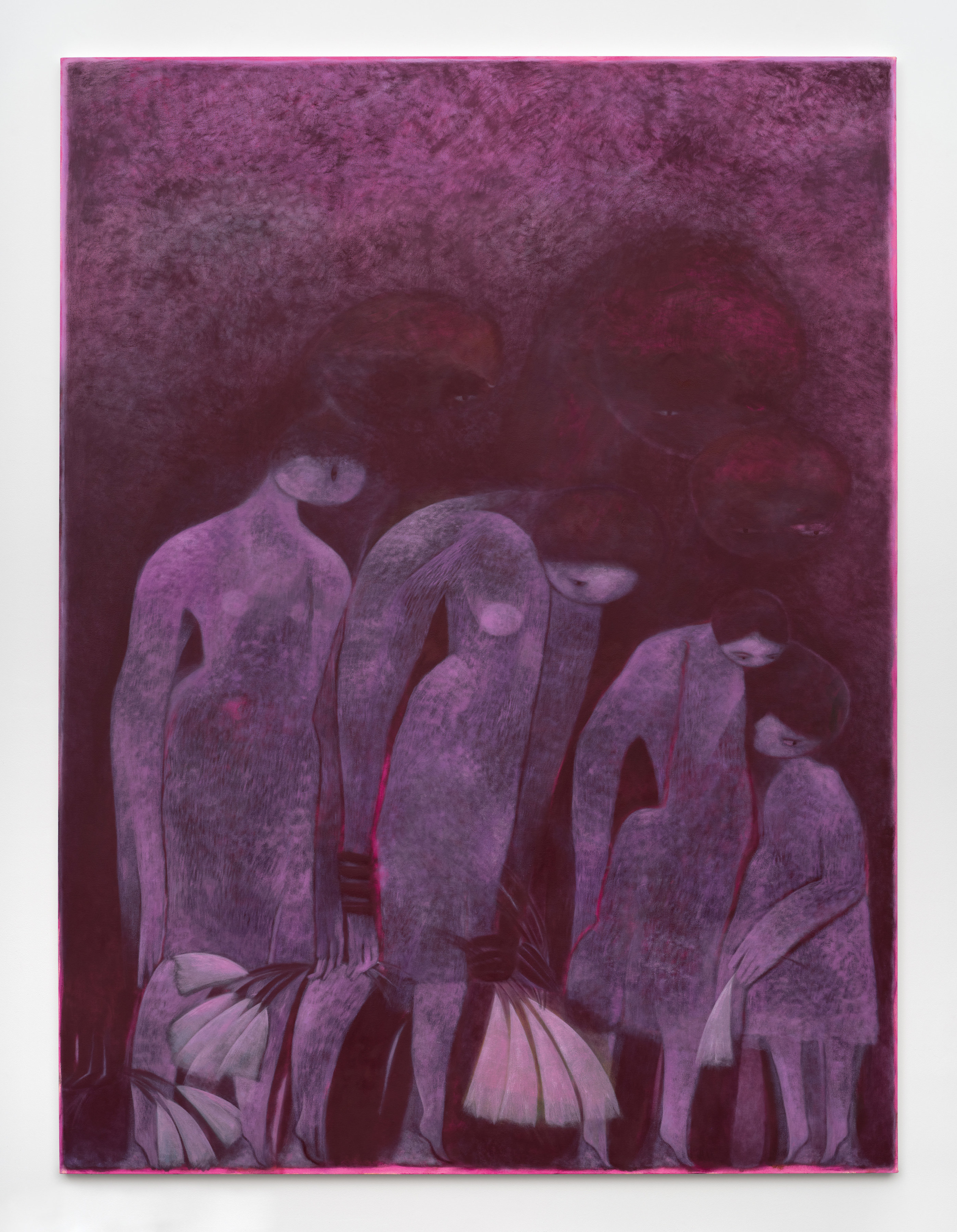 A painting in deep maroons of four figures looking downward holding floral shaped fans.