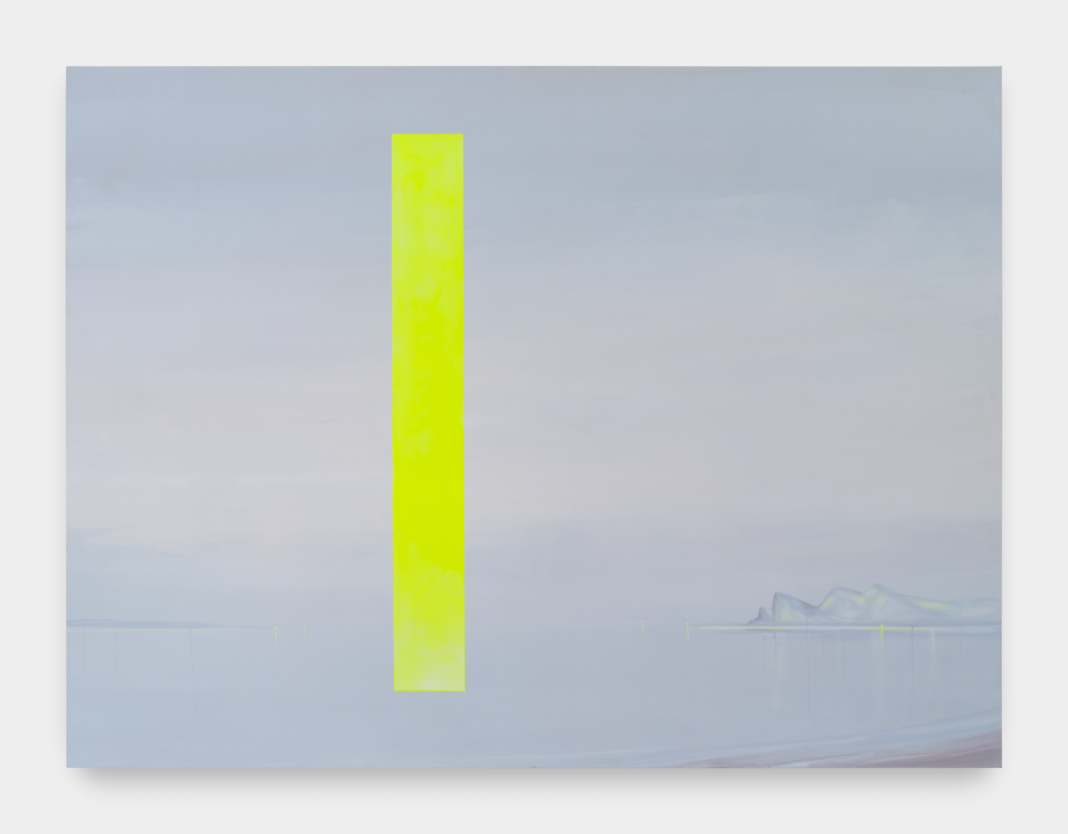 An ice blue/ grey painting with a mountain range in the distance, and a vertical neon yellow portal near the center of the work 