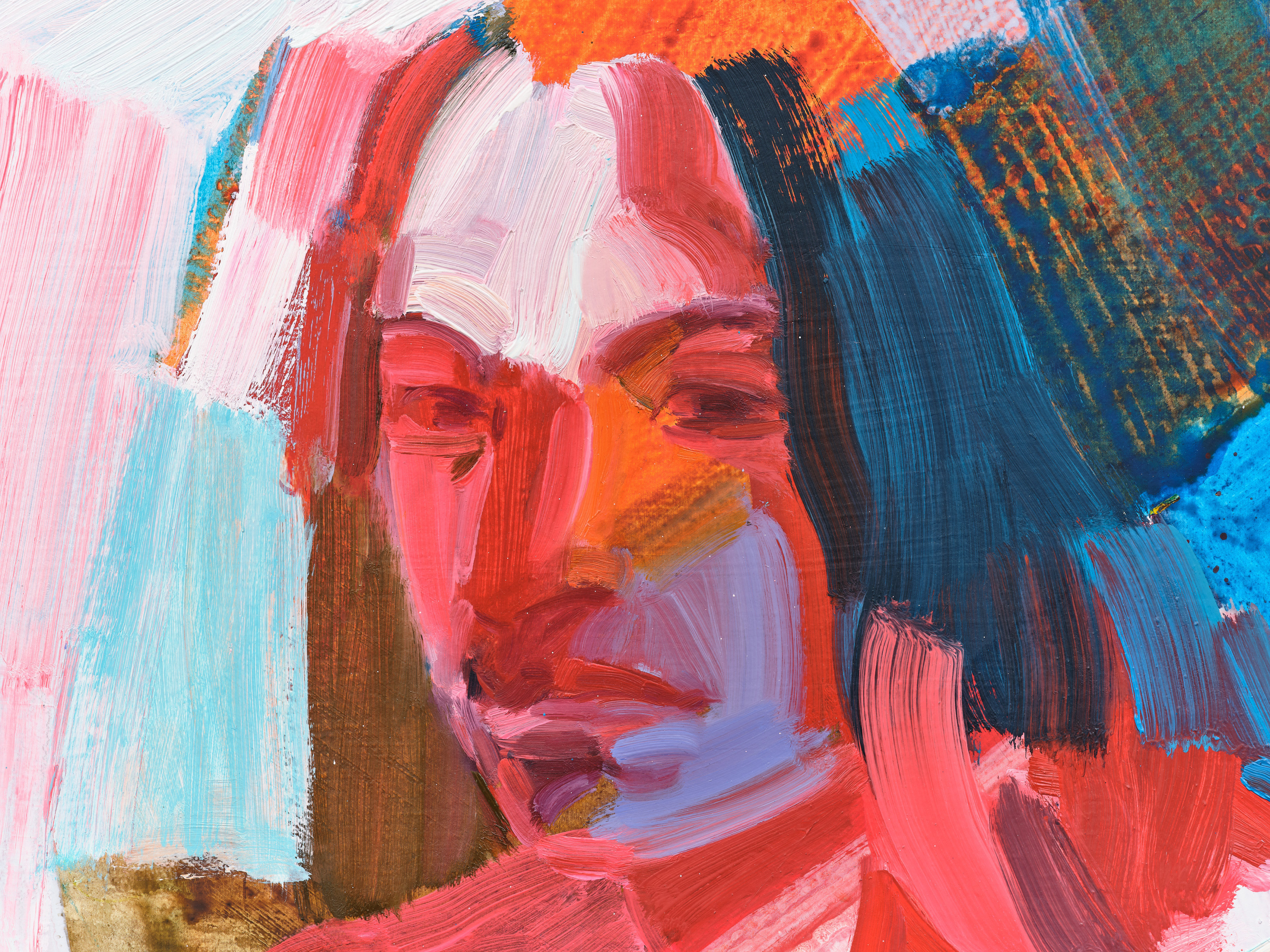 Detail of a woman's face rendered in reds, orange, lapis, and ochre in Sarah Awad's "The In-Betweens"