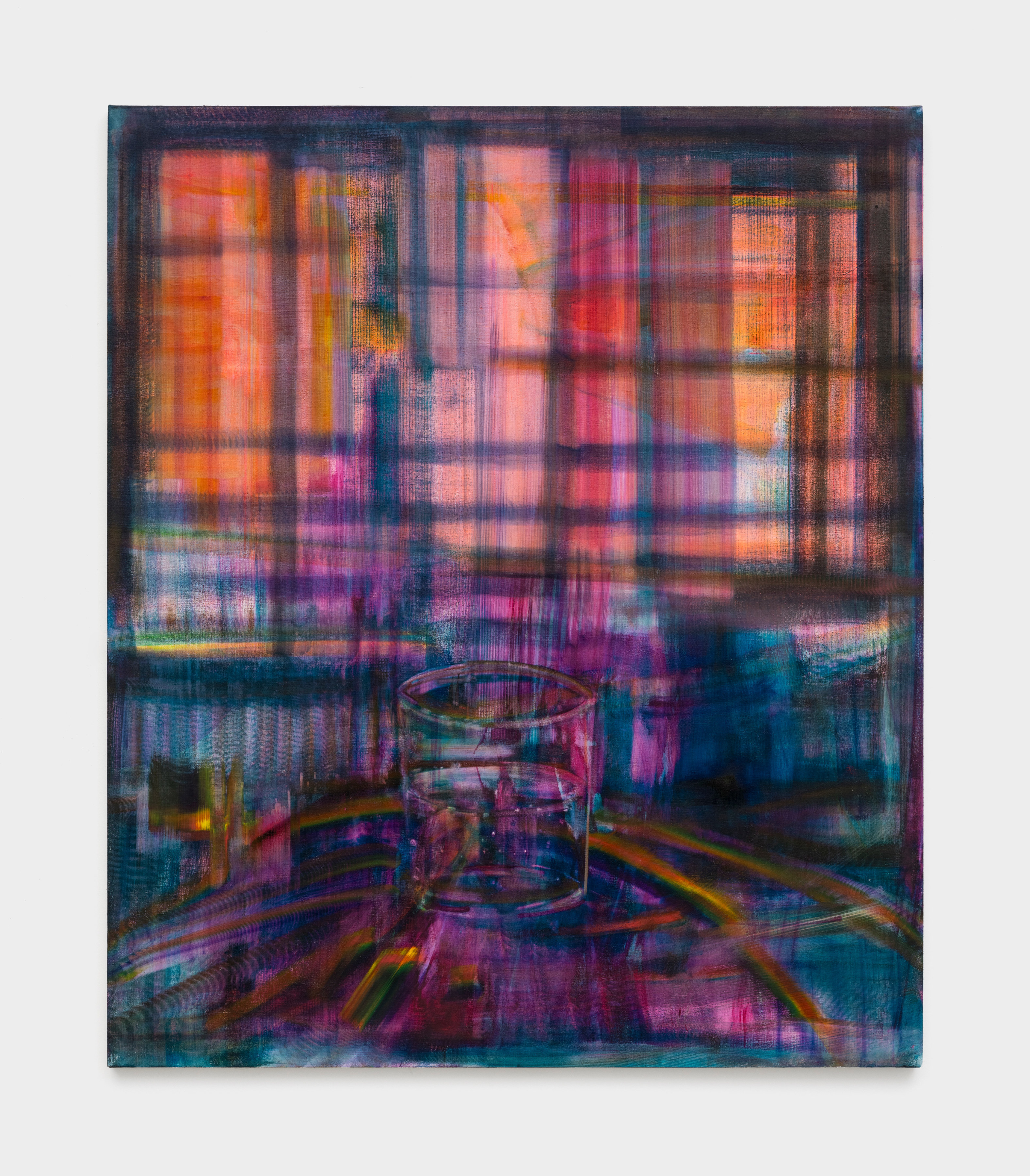 A painting with streaks of orange, pink, blue and purple pigment depicting a glass on a table. 