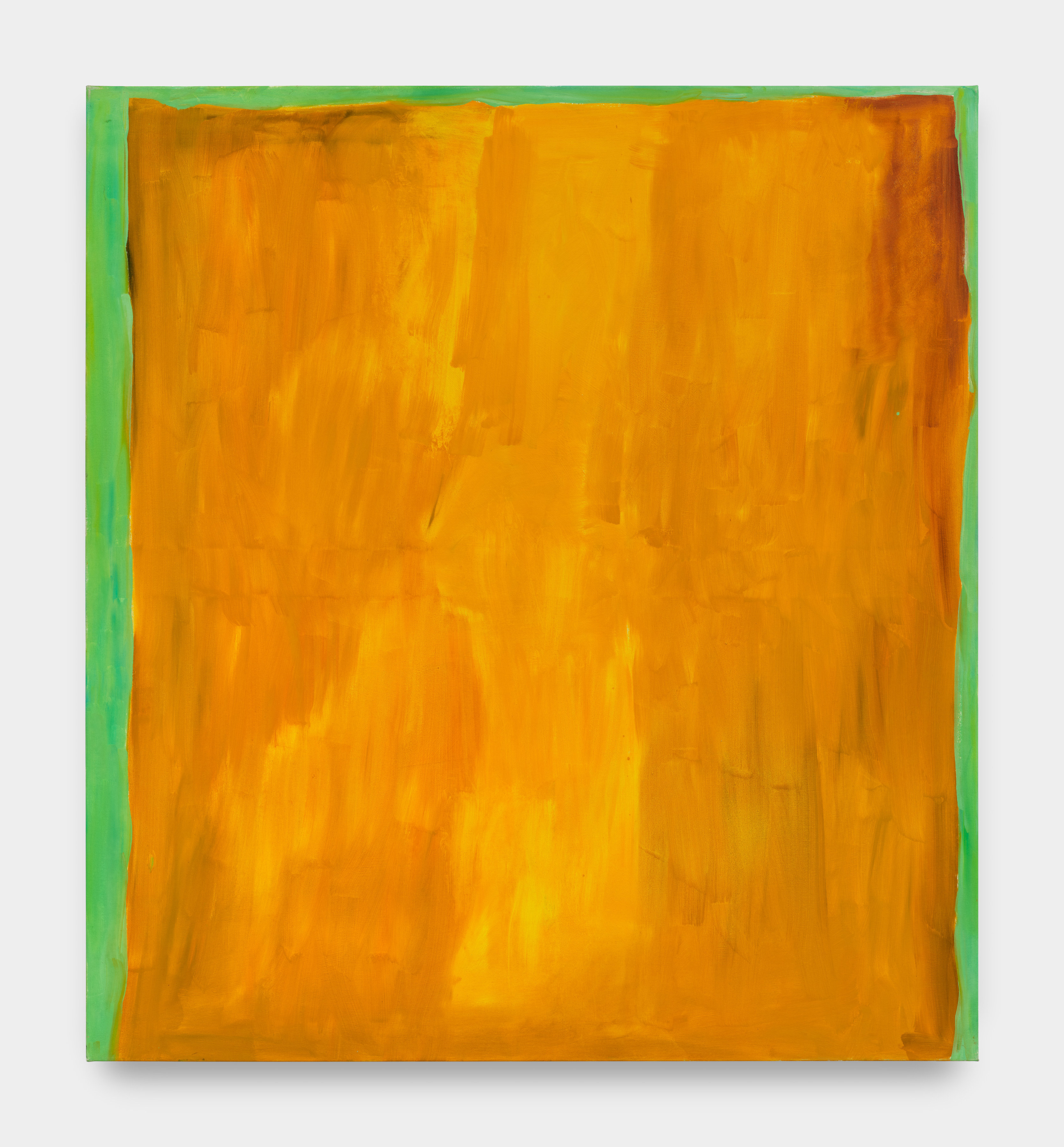 An abstract painting with dynamic brushstrokes in ochre hues with a bright green border. 