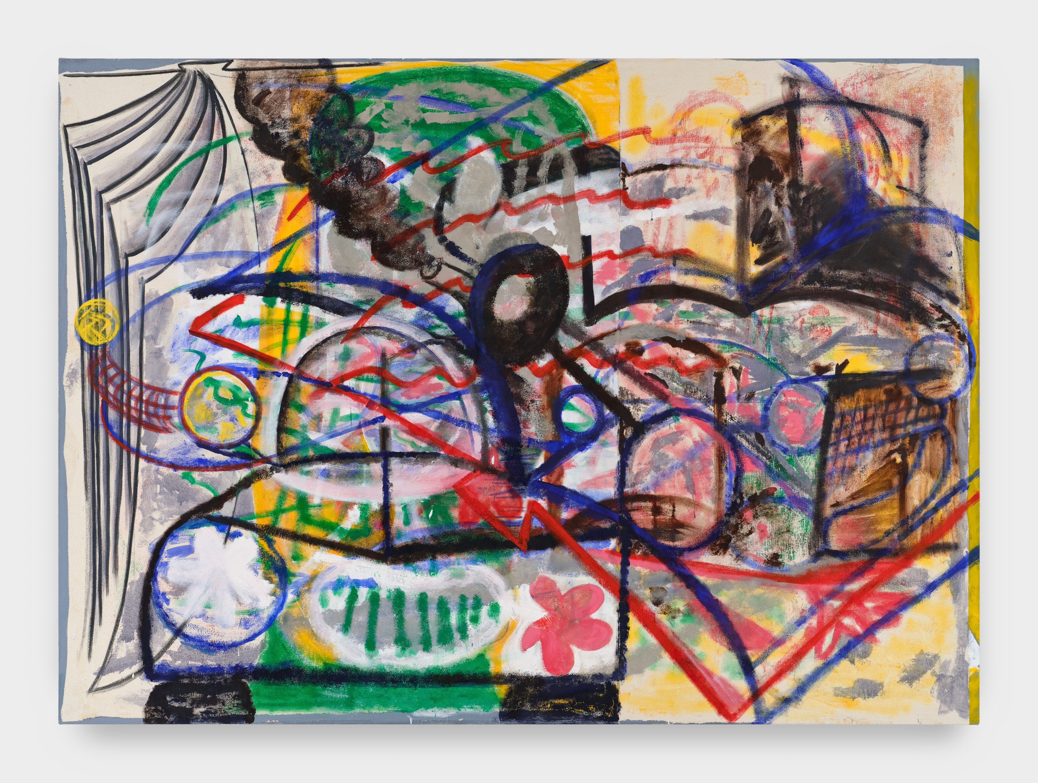 A painting of cars with overlapping pages of books and smoke with floral shapes. 
