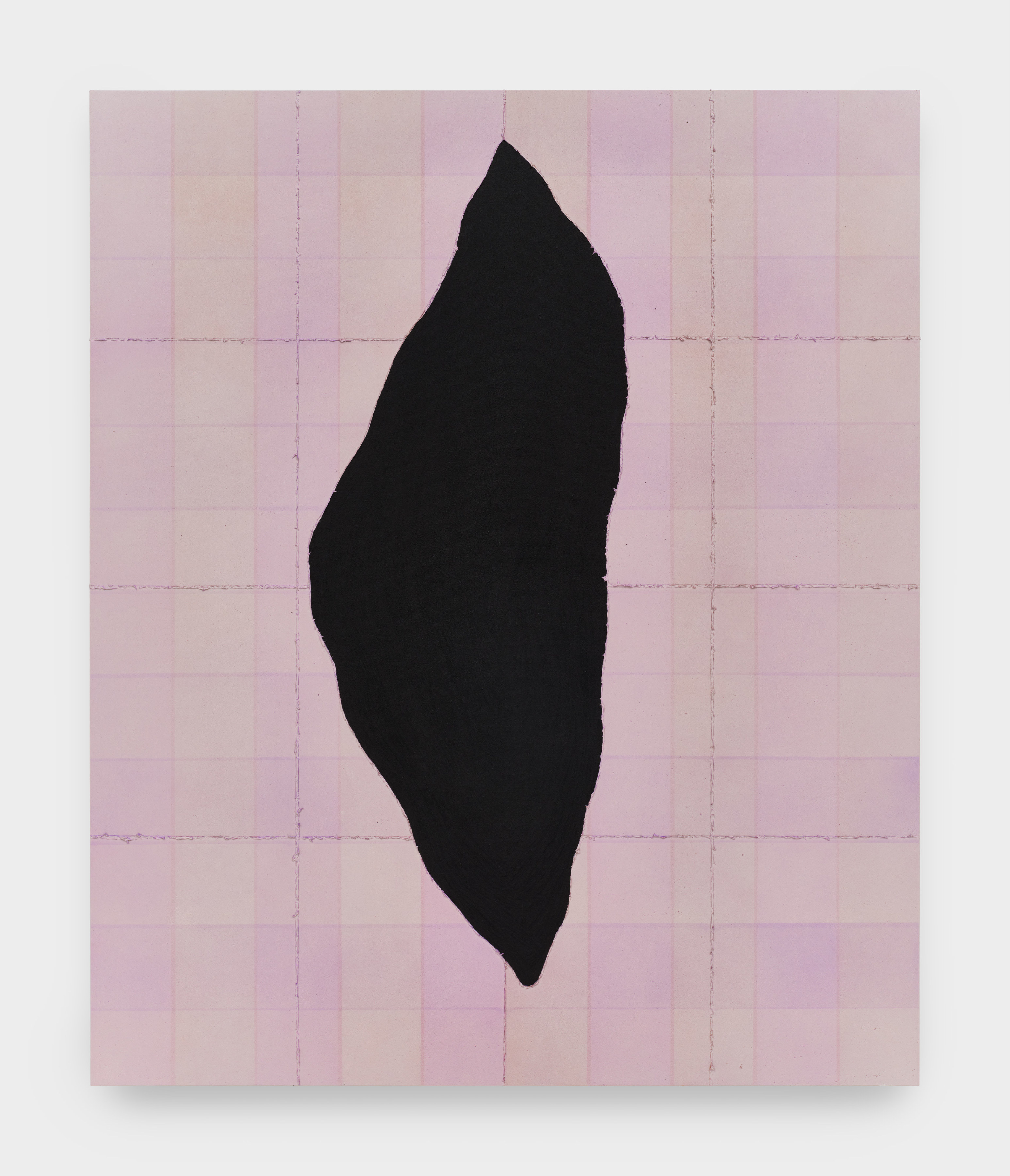 A painting on canvas of plaid in two shades of pink with a wide vertical black gash through the center.