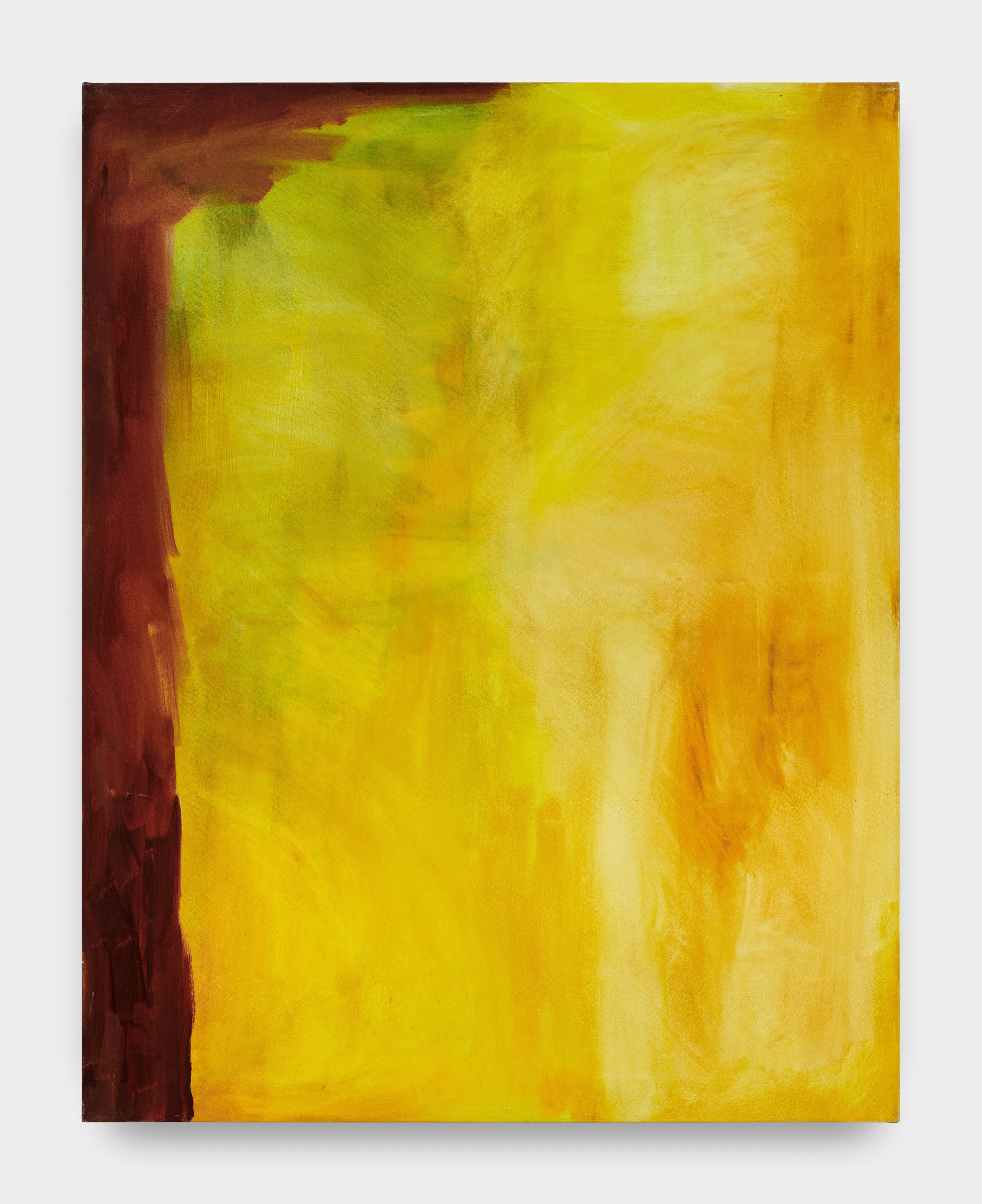 An abstract painting in golden yellow hues with a brown section of pigment along the side. 