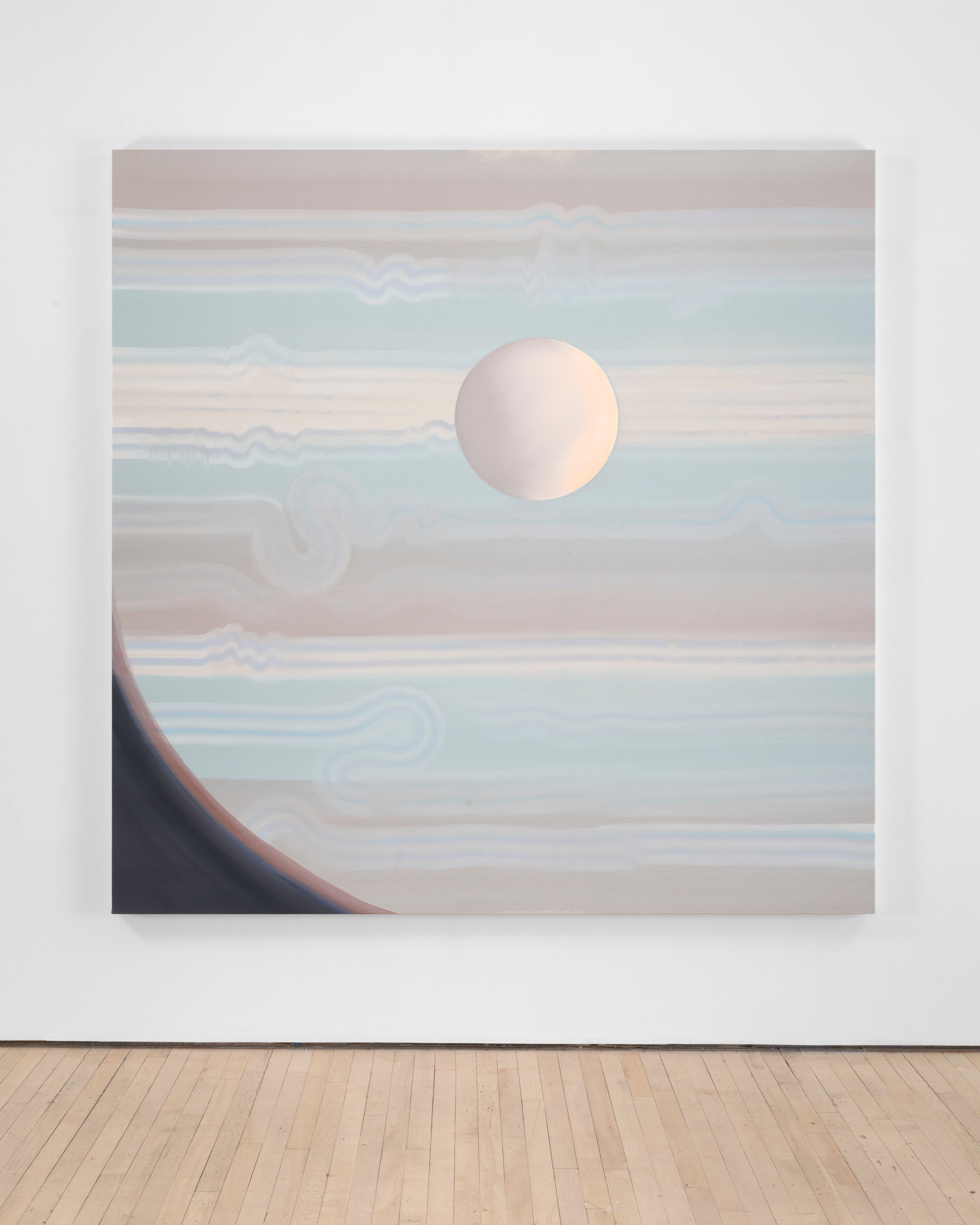 A painting by Wanda Koop of a pale moon against a wavering striped pale blue and cream sky.