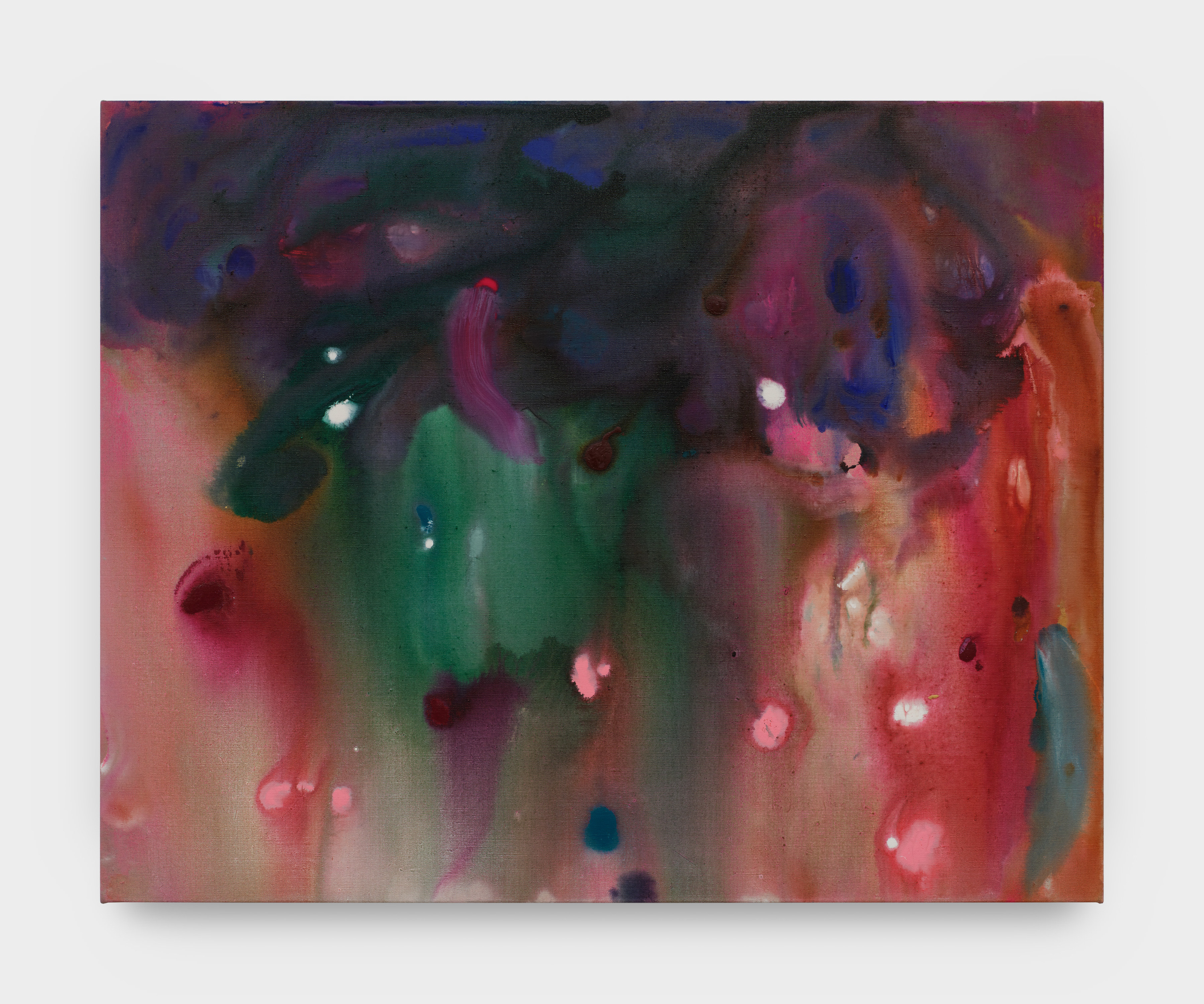 A painting on linen illustrates a fusion of colors in shades of red, purple, green, blue, pink, and orange creating a water-color like imagery. 