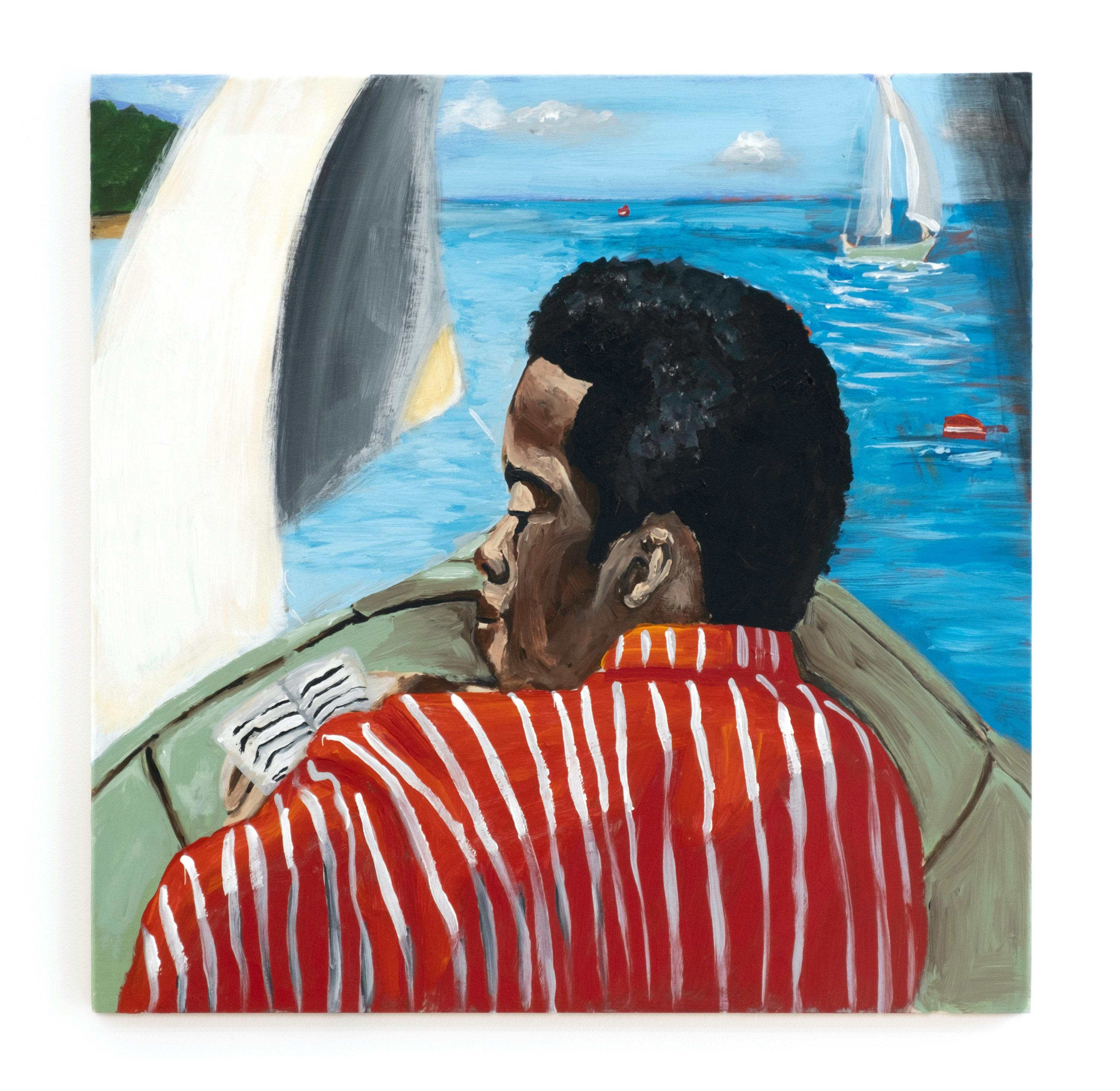 A painting of a man on a sailboat reading a book. 