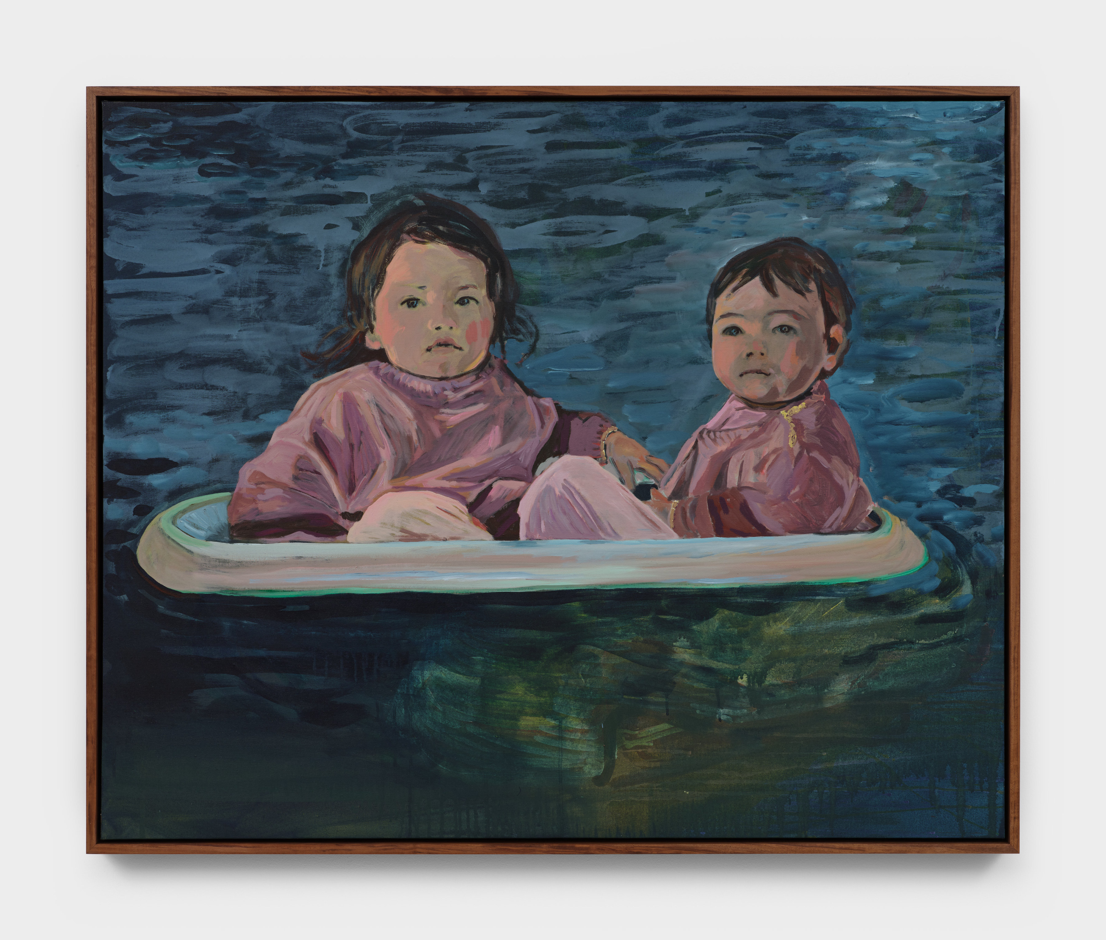 A painting of two young children in pale pink sweaters in a white vessel surrounded by blue/green waters. 