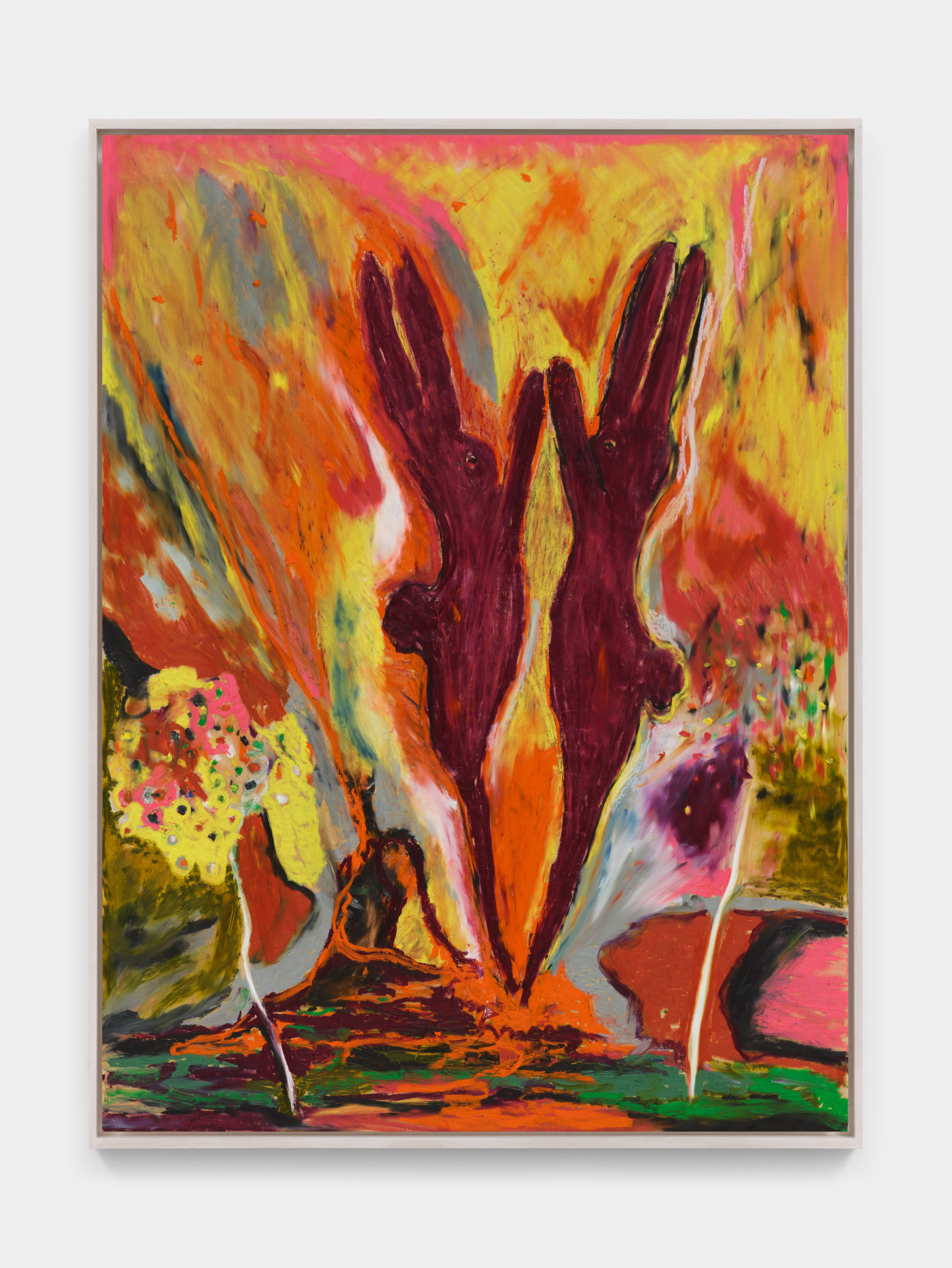An oil on wood panel painting of two red bunnies rejoicing in front of flowers and an exploding volcano surrounded by orange and yellow plumes.