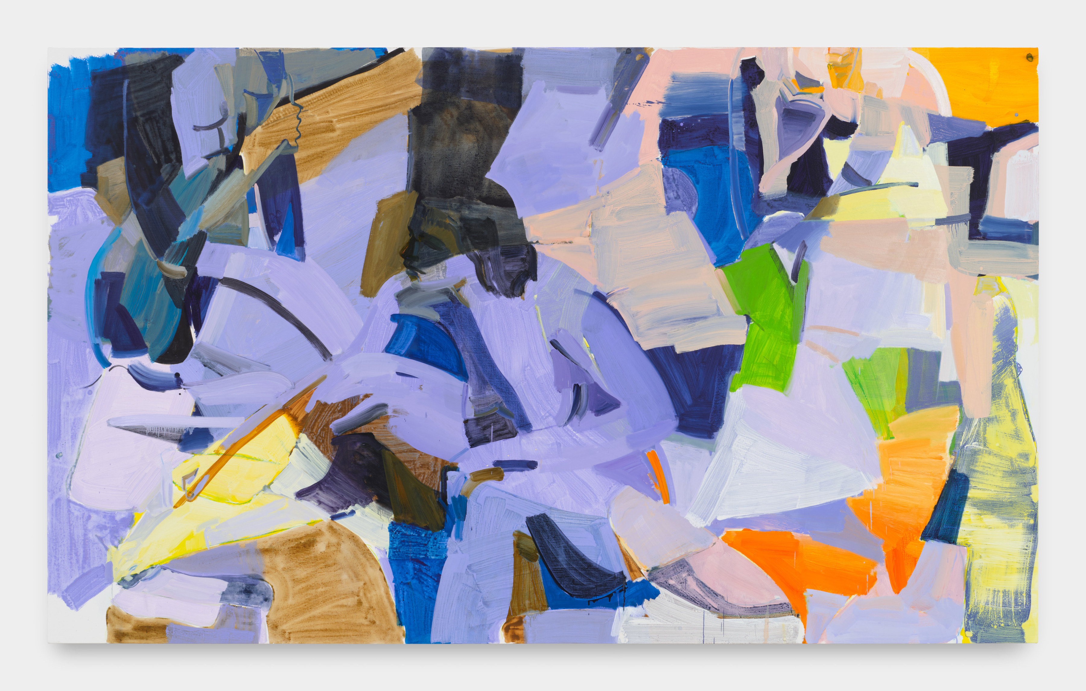 Loosely geometric swatches of lapis, orange, bright greens and blues comprise an abstract space with a seated figure. 