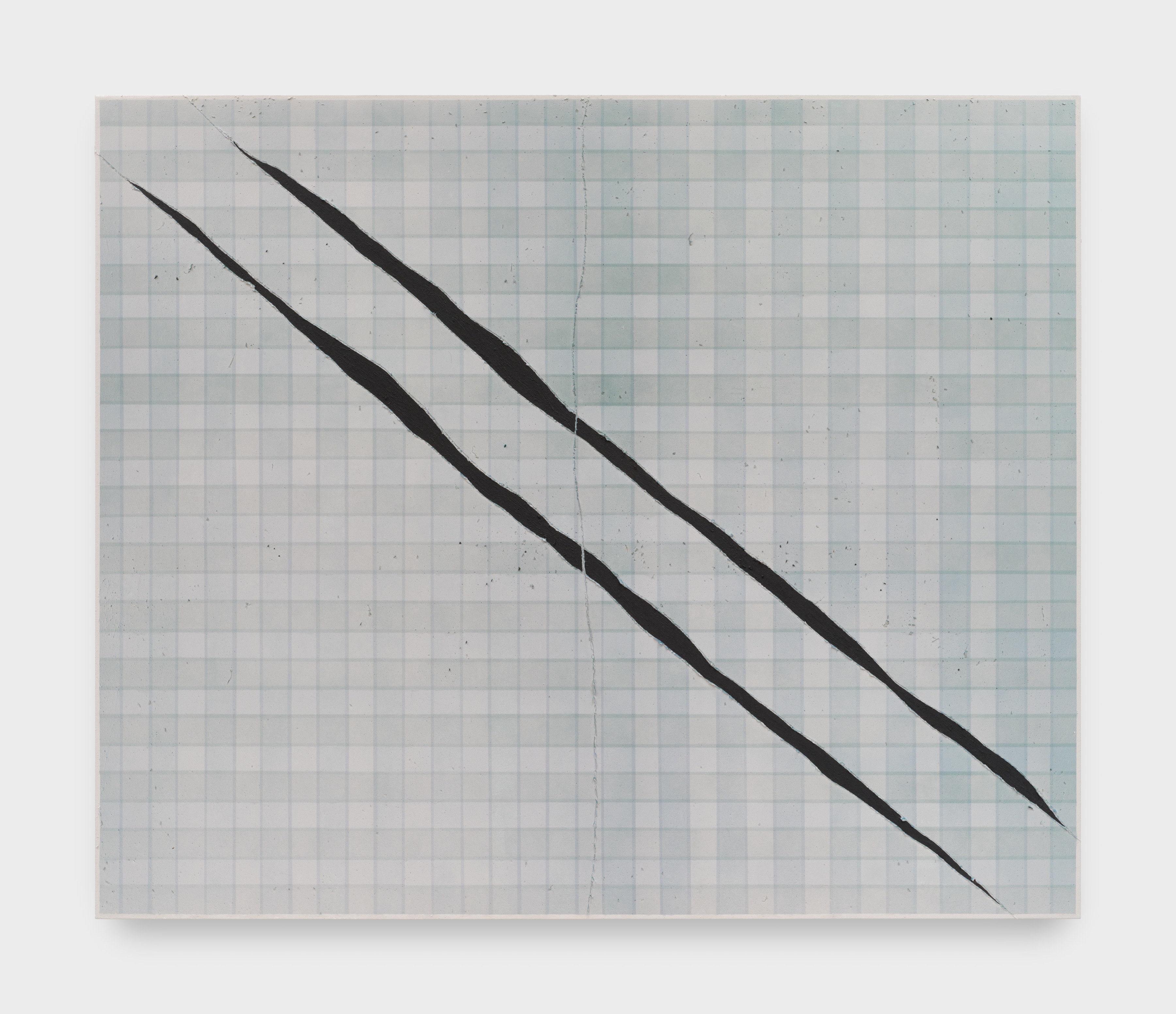 A canvas painting of plaid in shades of blue and gray with two long diagonal black painted slashes through the center.