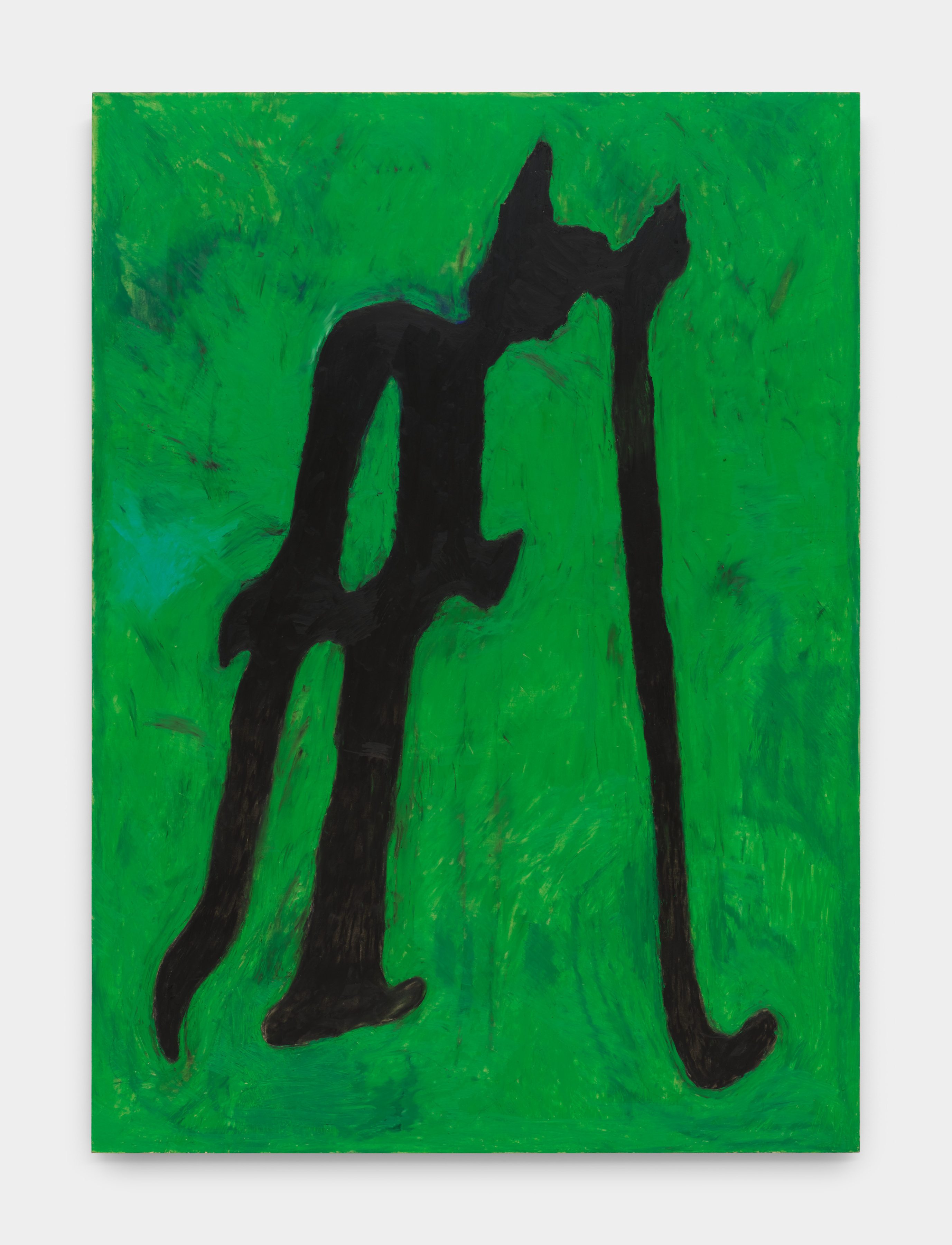 An oil stick on wood panel painting of an abstract anthropomorphic gothic font rendered in jet black against an emerald green background.
