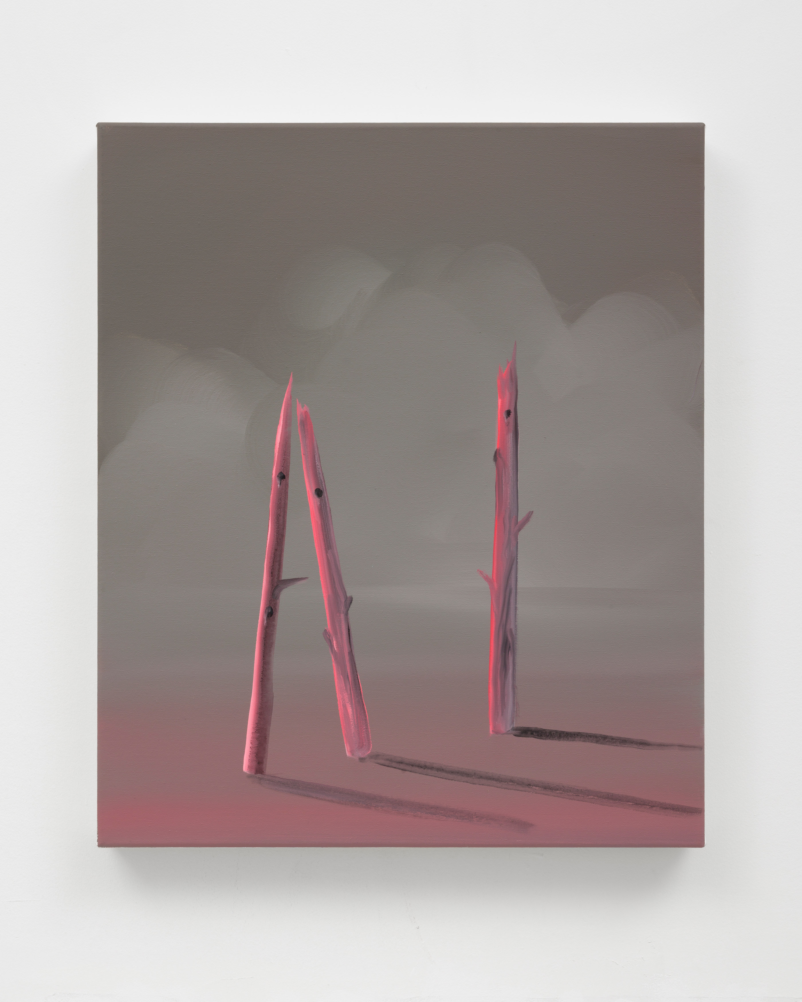 A painting by Wanda Koop of three pale red sticks against a grey sky forming “AI".