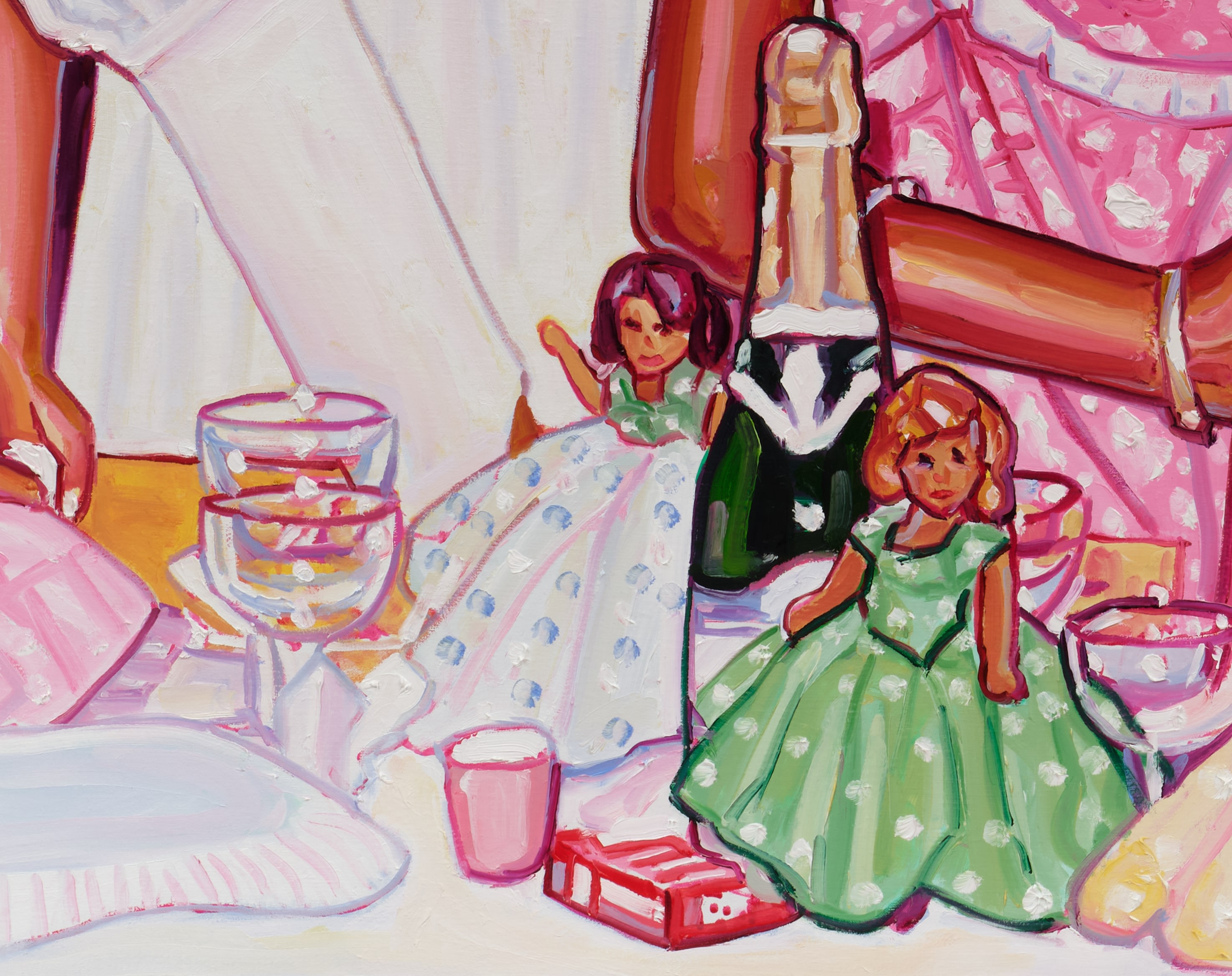 Detail of painted dolls and champagne bottles and coupes.
