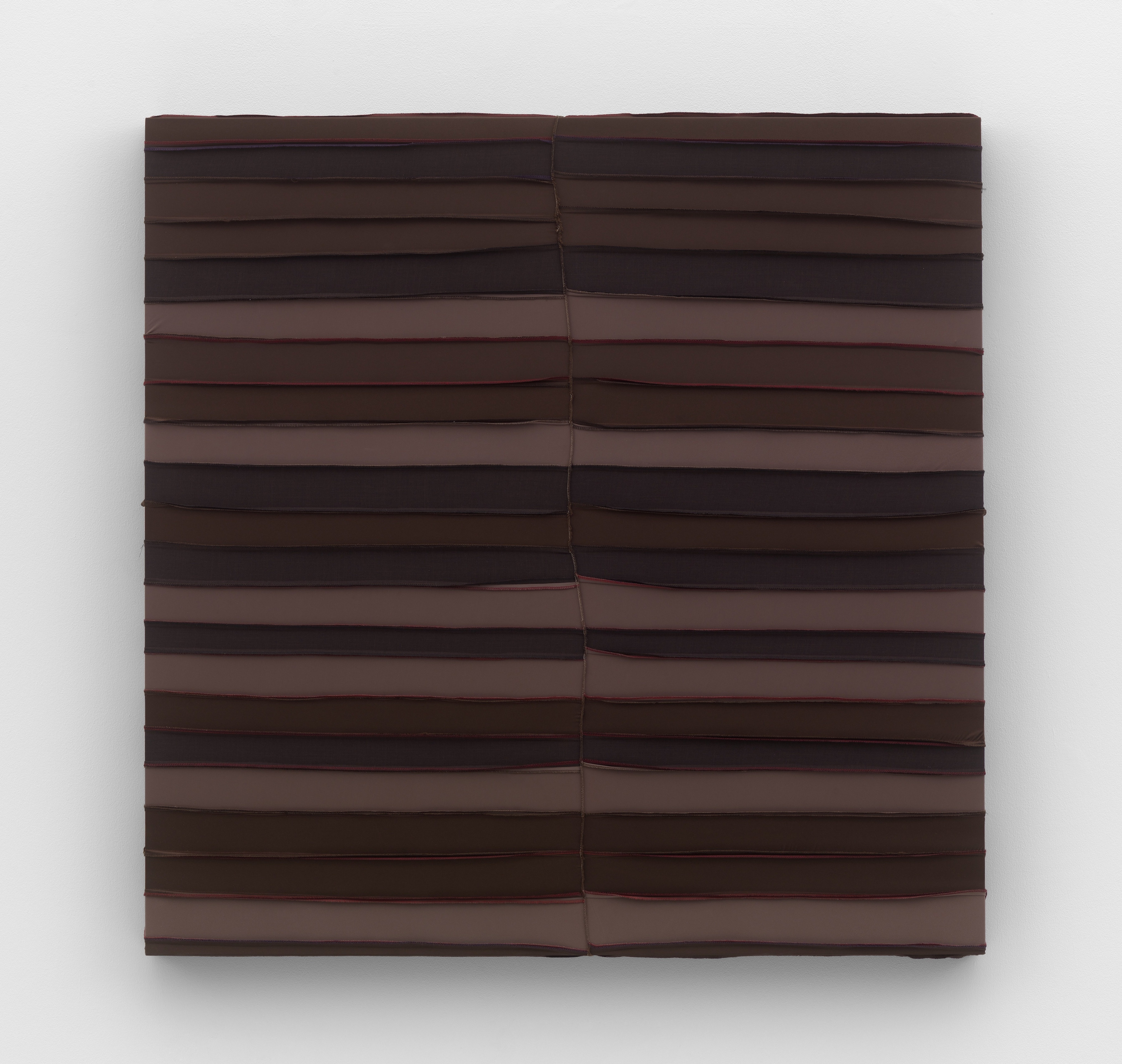 A square painting of varying tones of brown durags sewn together in horizontal stripes. 