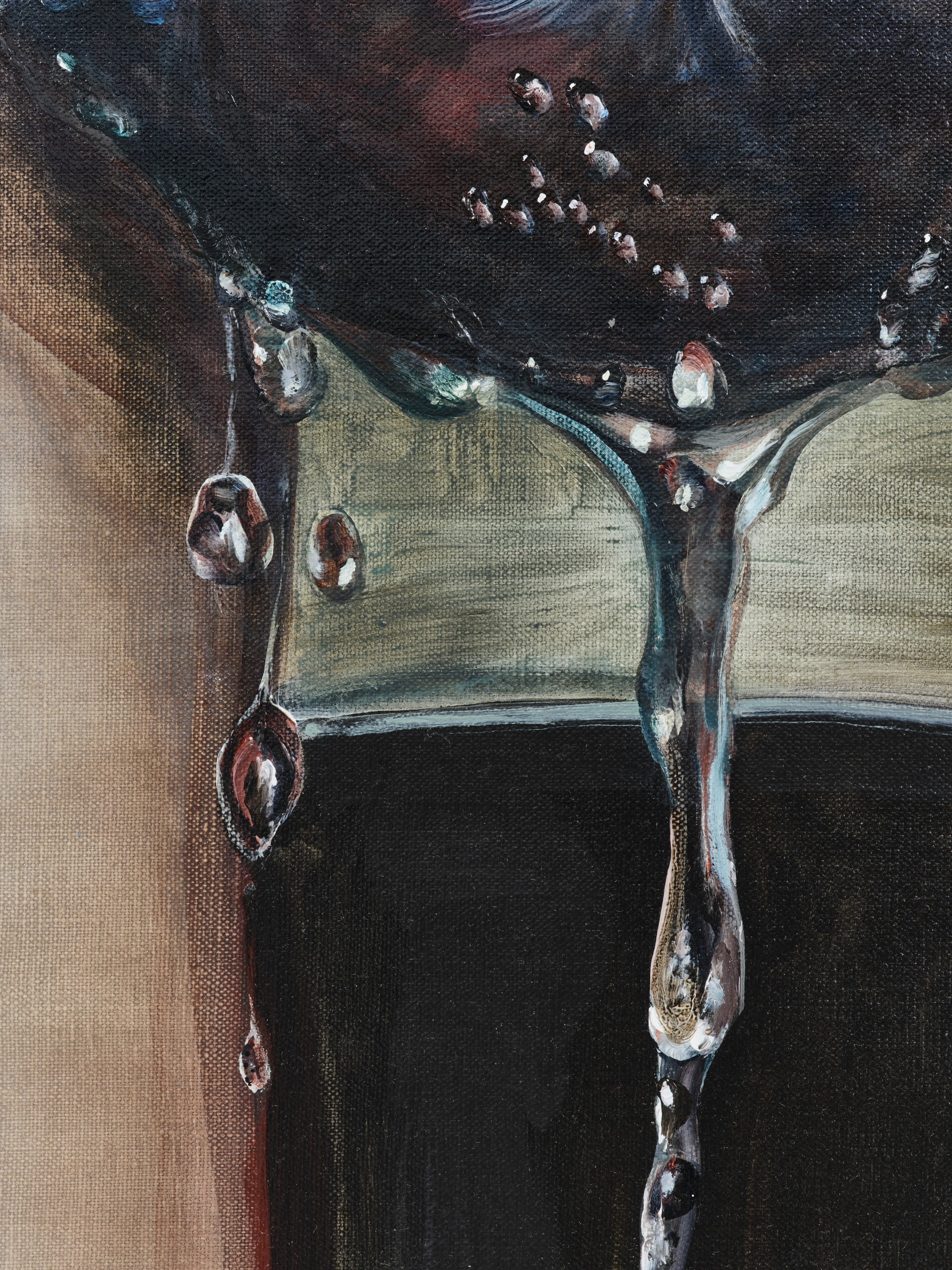 Detail of the drips falling off the apple in "Golden Delicious"
