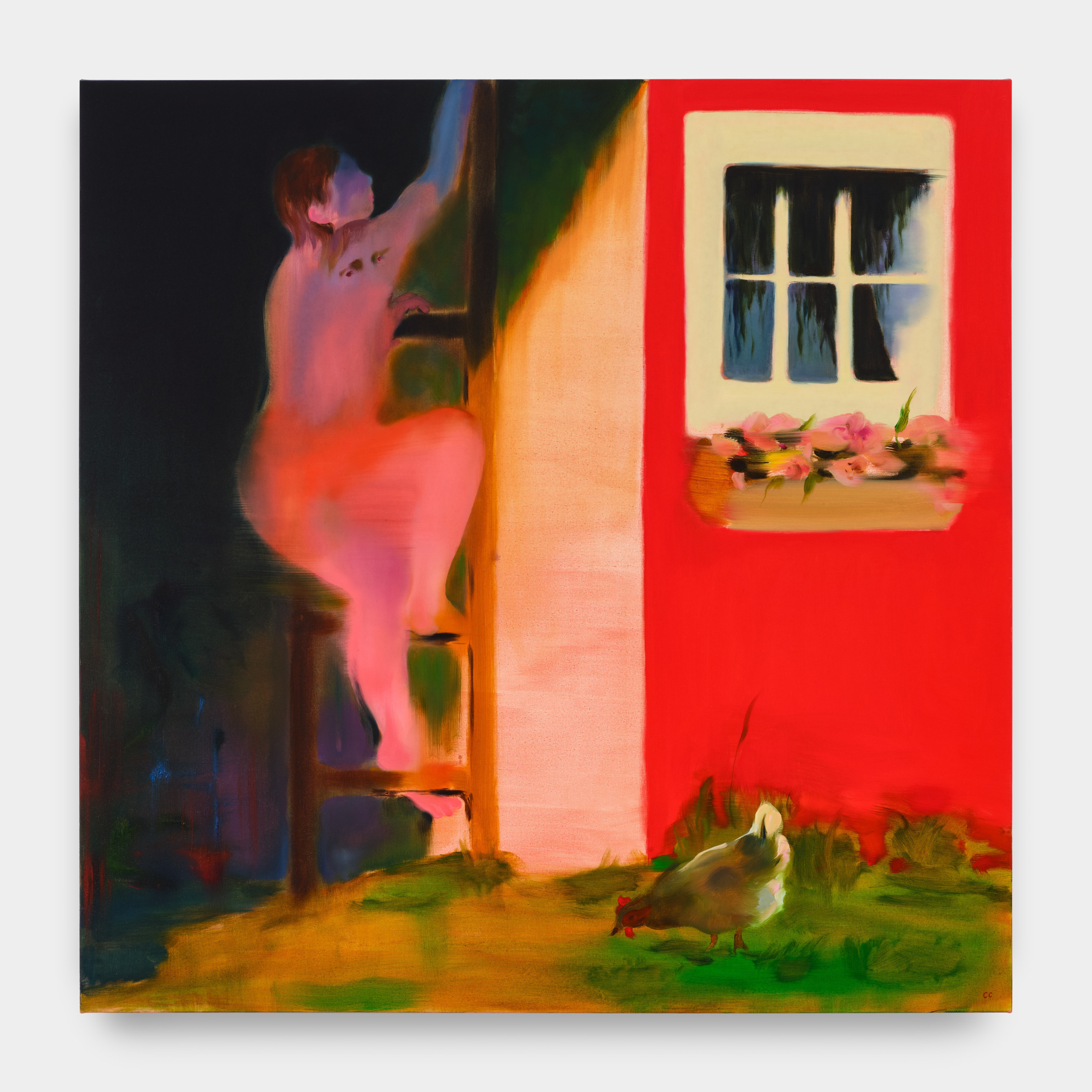 A painting of a bright pink figure climbing the ladder on the side of a red building with a chicken pecking on the grass nearby.