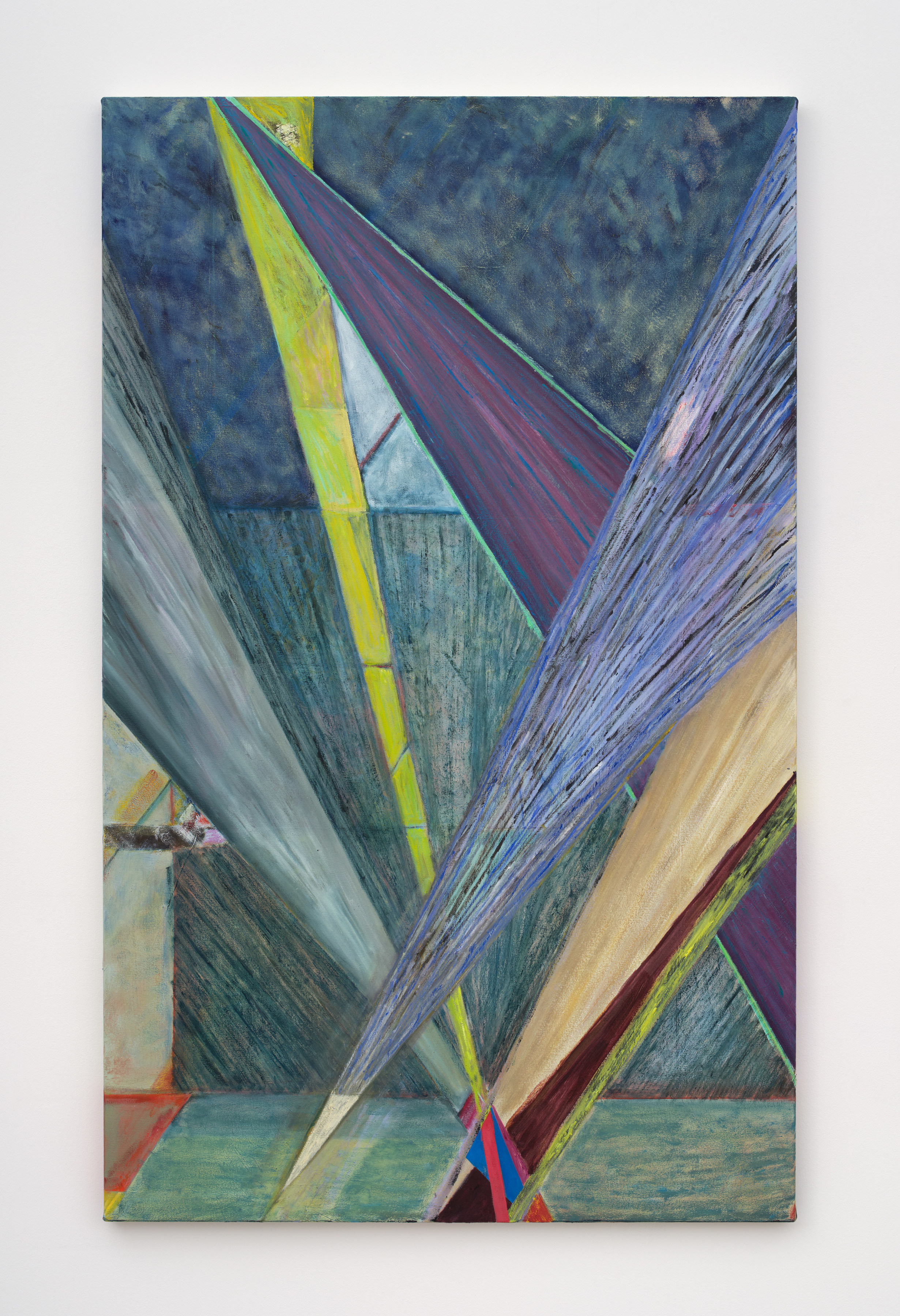 An geometric abstract painting with teal, purple and green triangular shapes.
