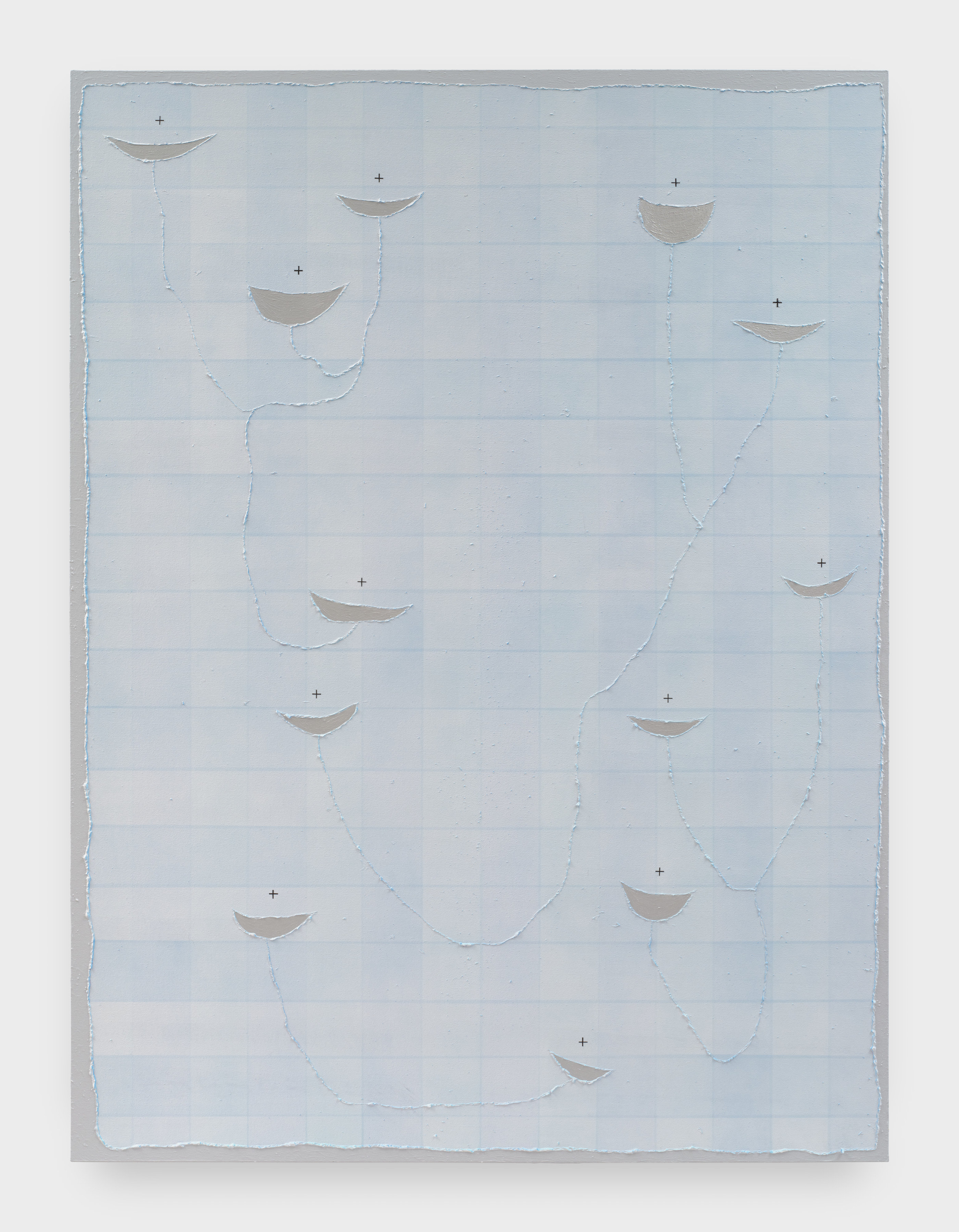 A canvas painting of plaid in shades of blue. Gray crescent shaped figures spread throughout the painting with small black plus sign designs directly above. Long thin blue lines connect each crescent figure together.