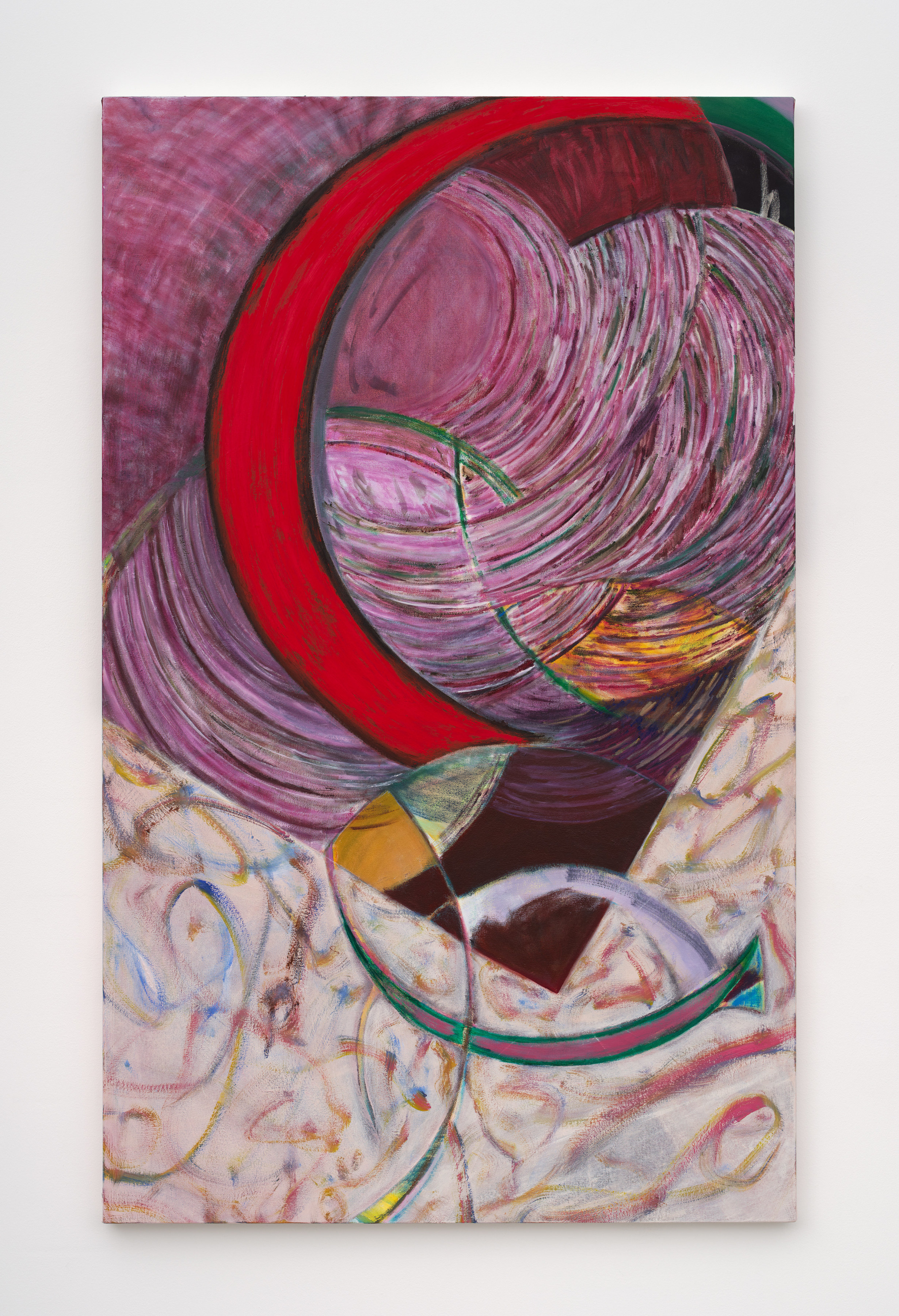 An abstract painting with large red and mauve swooping crescent moon shapes and swirling green and lavender swatches. 