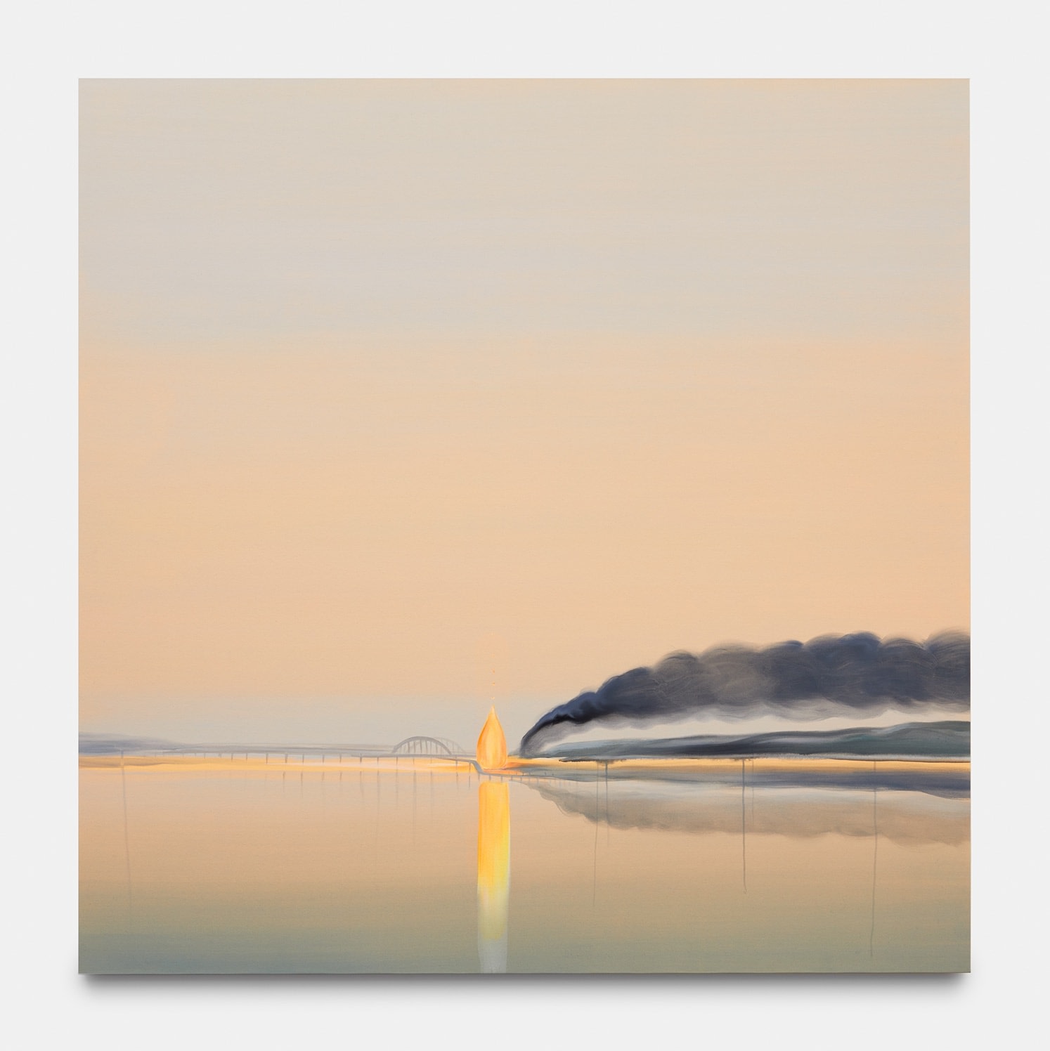 A light yellow gradient painting with a bridge on fire and smoke billowing out 