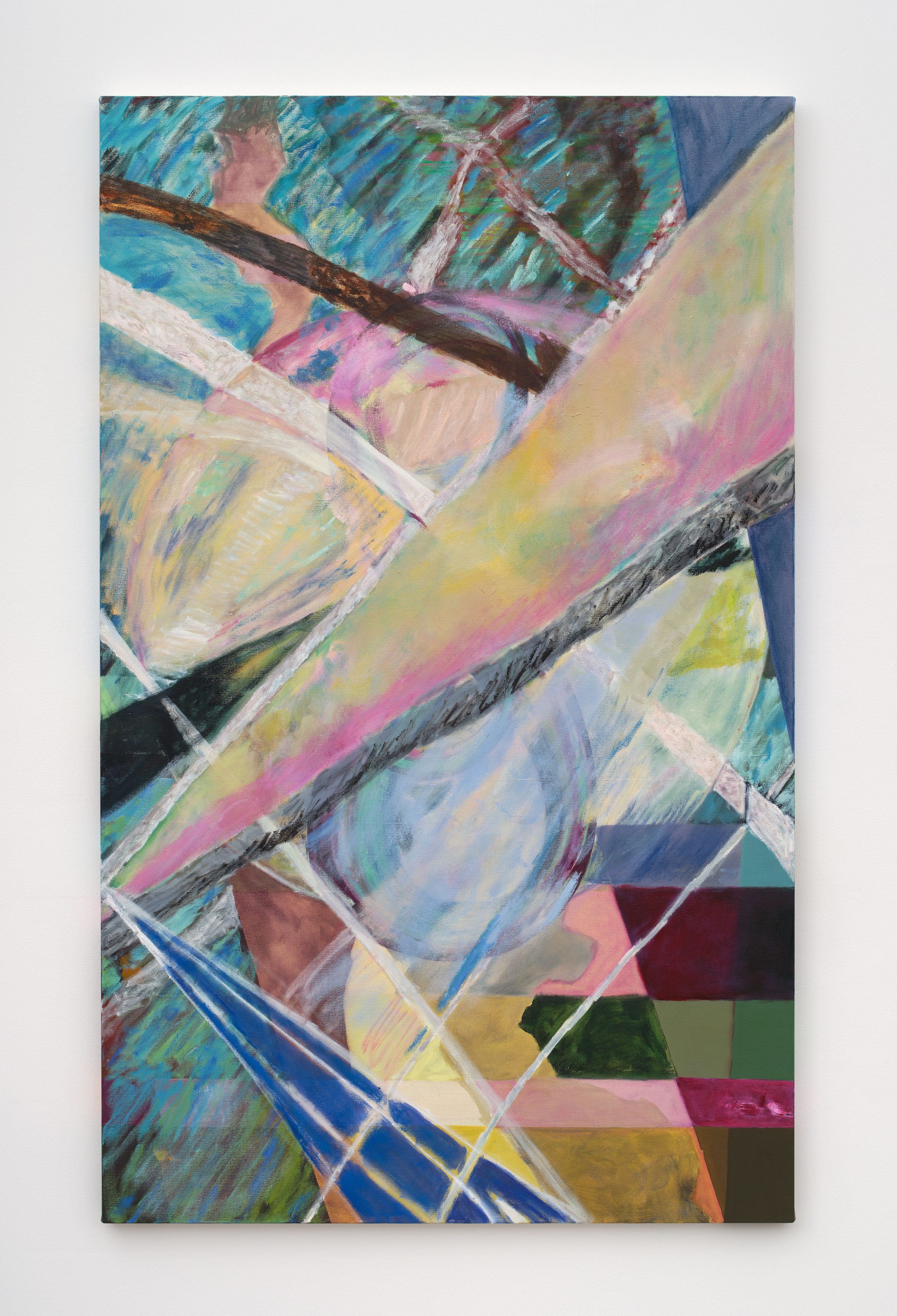 An geometric abstract painting with green and pink prism like shapes crossing the canvas with rounded forms underneath. 