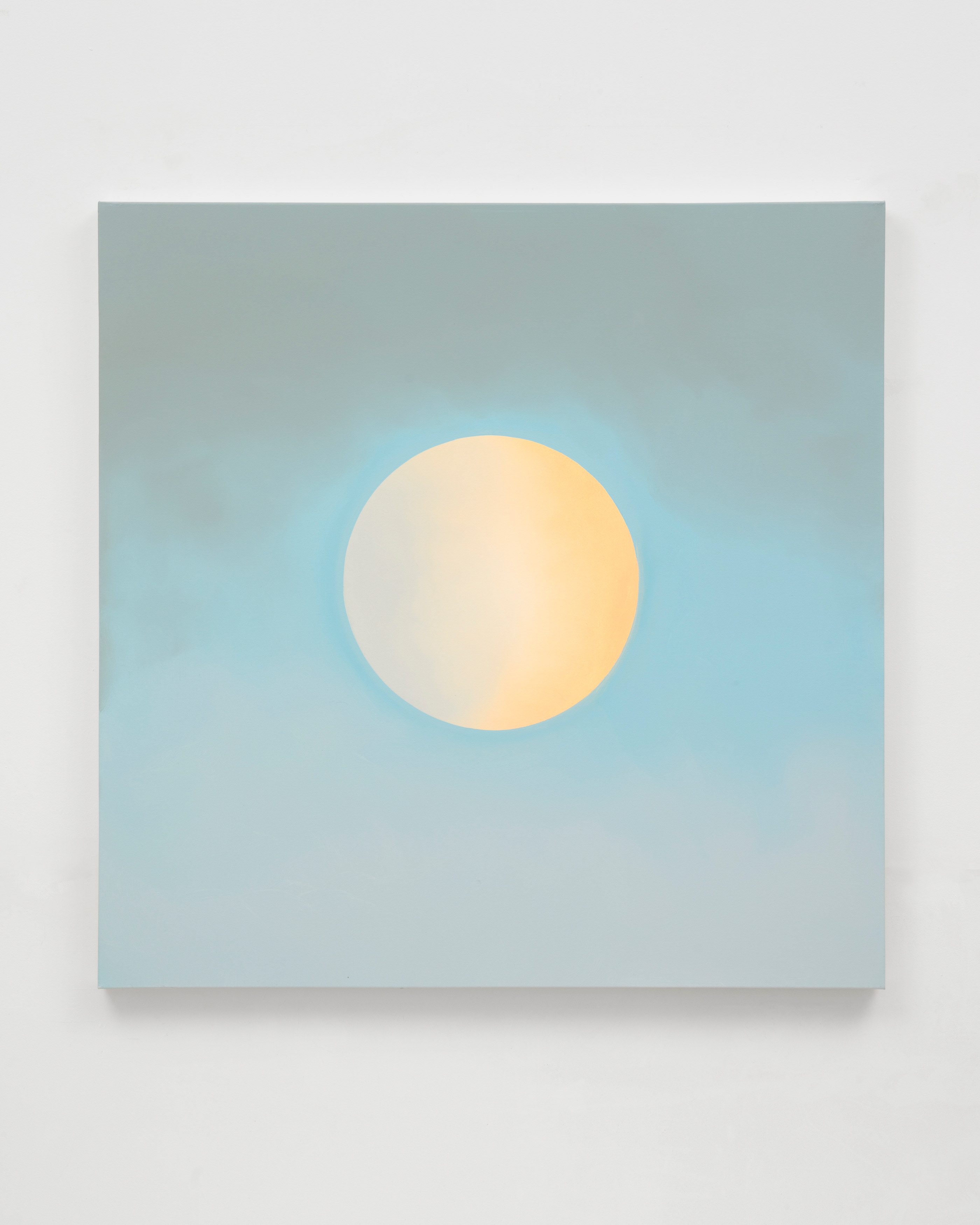 A square painting by Wanda Koop of a pale yellow and cream moon against a robin's egg blue sky.