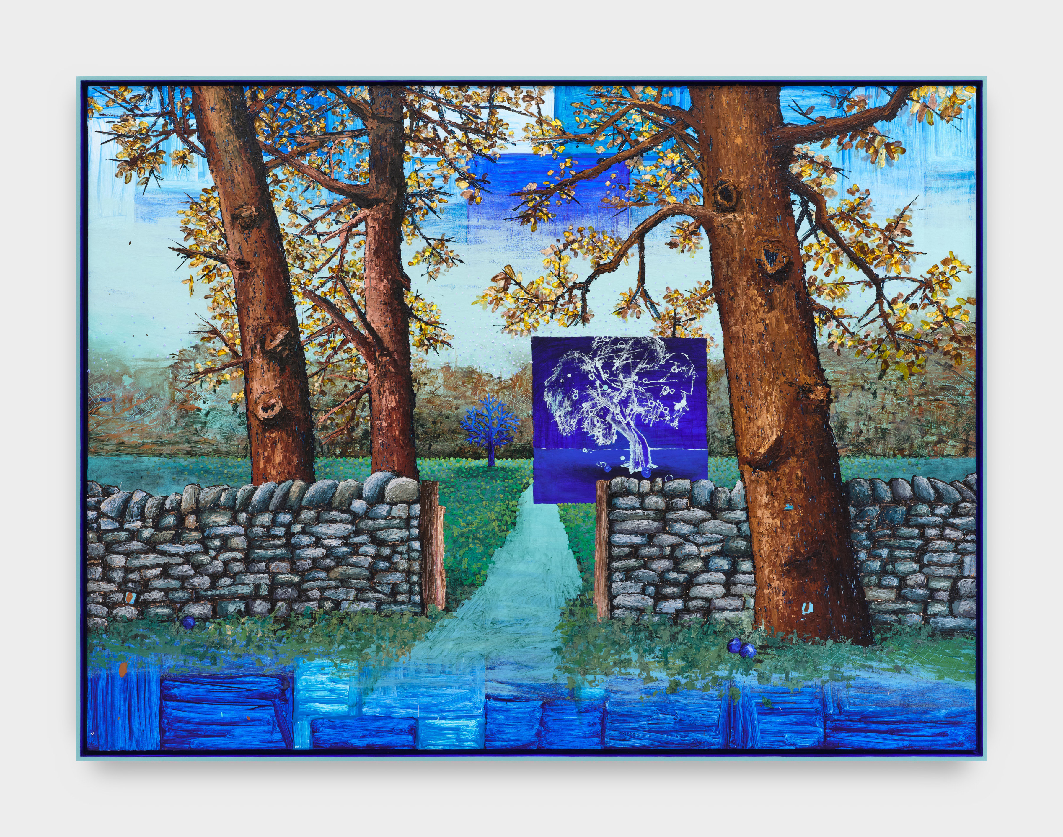 This oil and acrylic on canvas portrays a nature landscape with a slim gray colored walking path at the foreground that stretches off into the distance of a line of trees. Also in the foreground are abstract images of lines in varying shades of blue. Two large trees sit on the left side of the path while one tree is one the right. A pebbled walled rest at the middle ground of this piece. Behind the wall is a cobalt blue square, inside is an image of a tree outlined in white. 