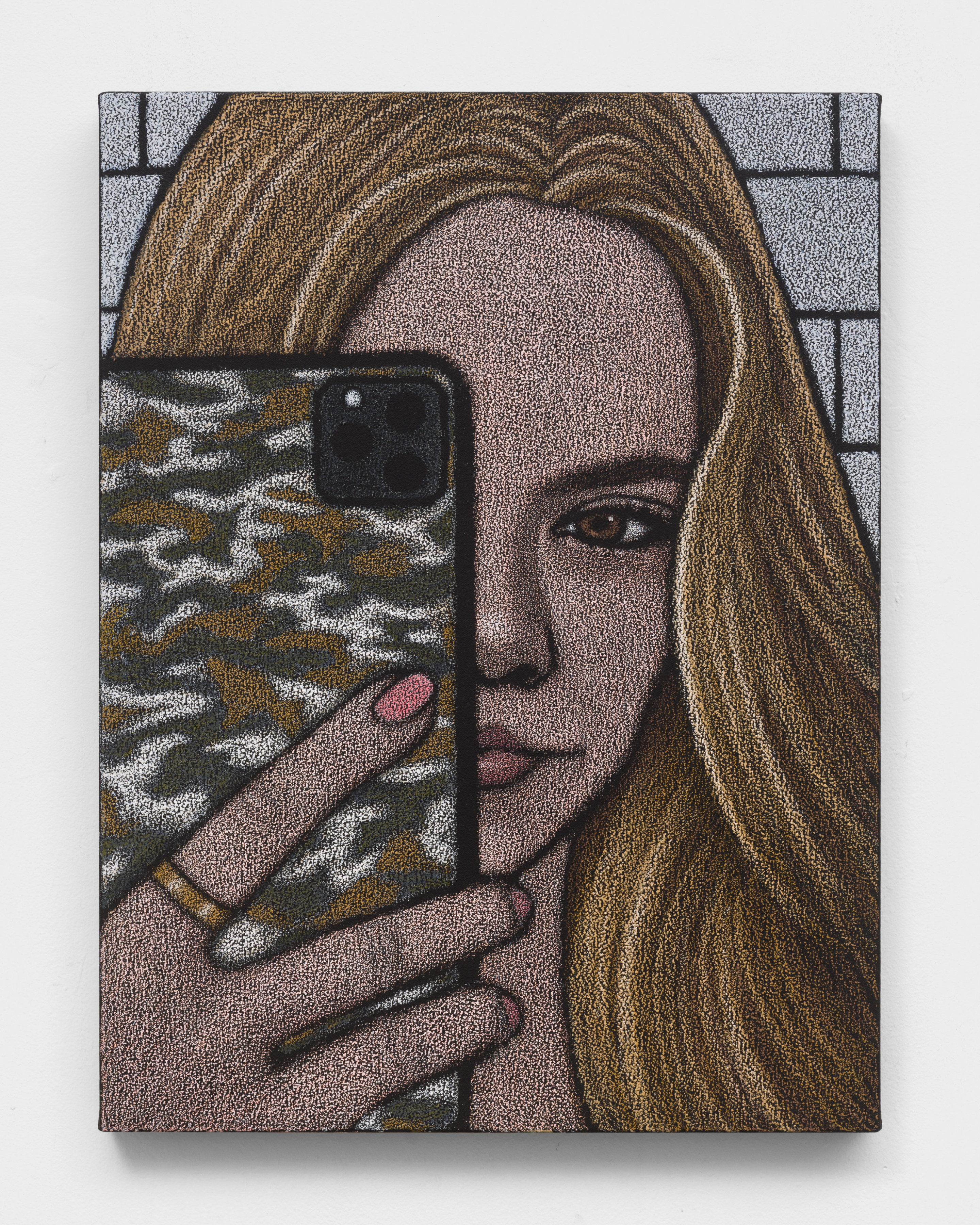 An oil pastel painting of a woman taking a selfie in the mirror with a smartphone.