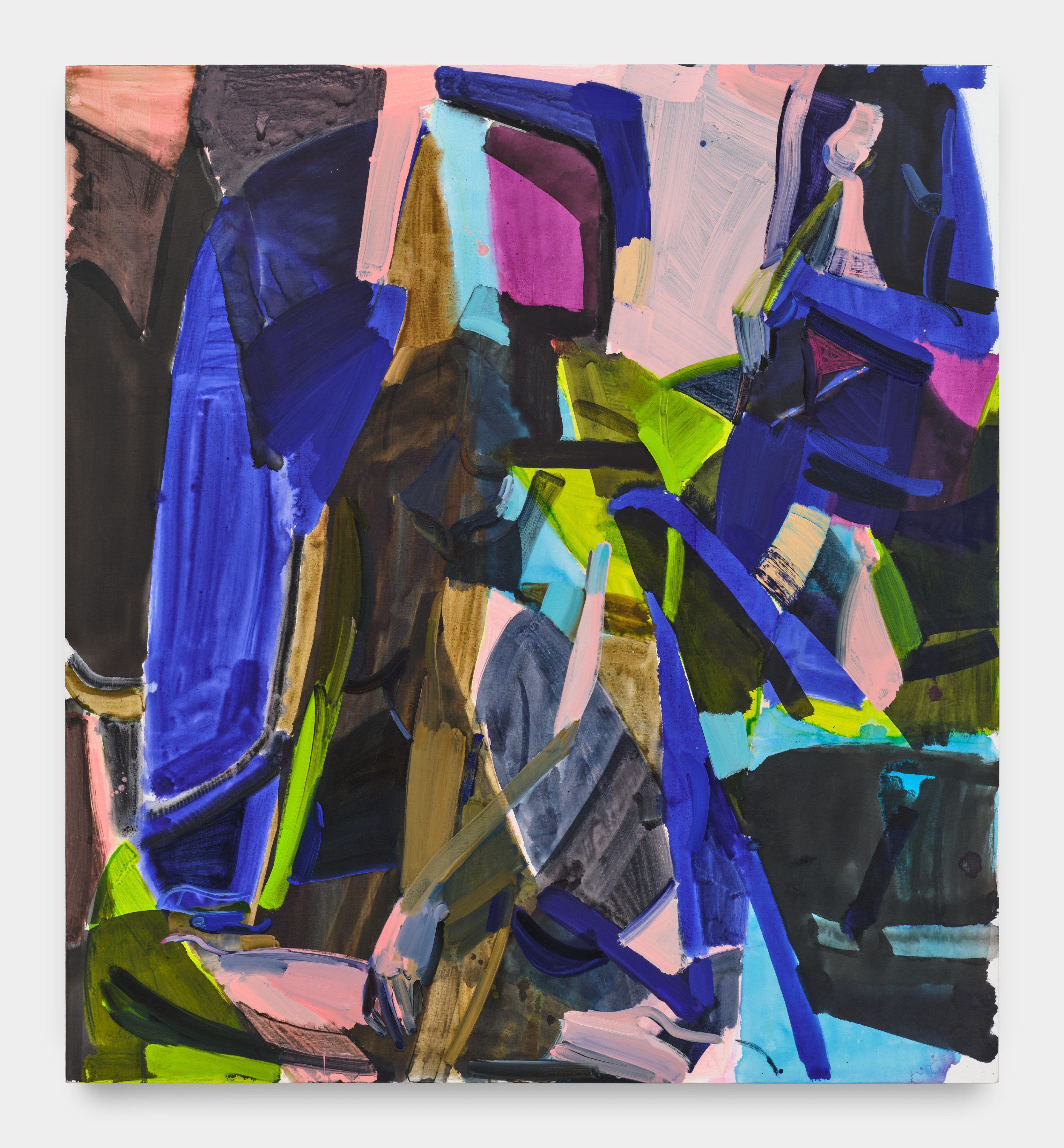 Abstract swatches of indigo, aqua, lime green, pale pink and black comprise a kneeling figure. 