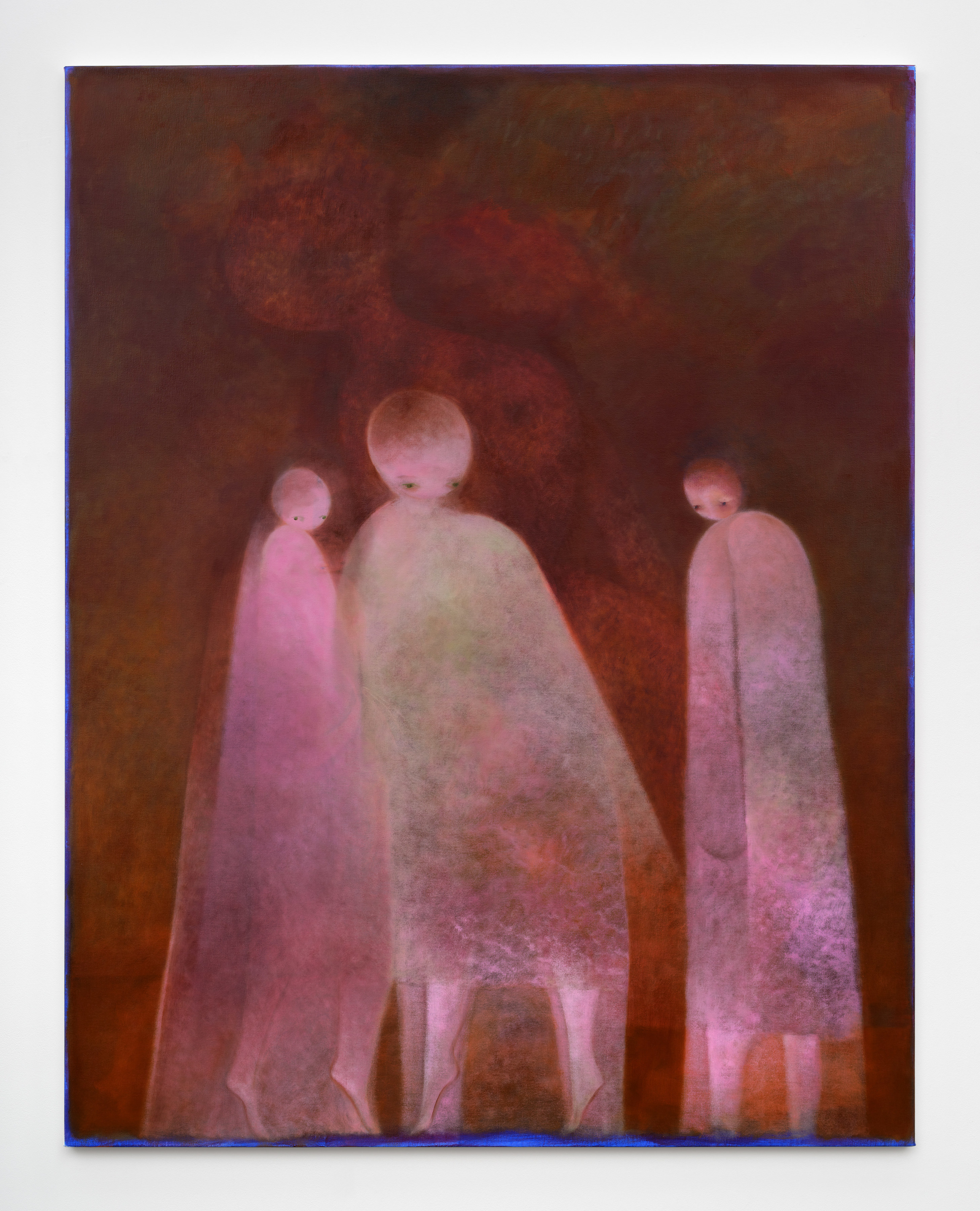 A painting of three pale pink ghostly figures against a deep burgundy background.