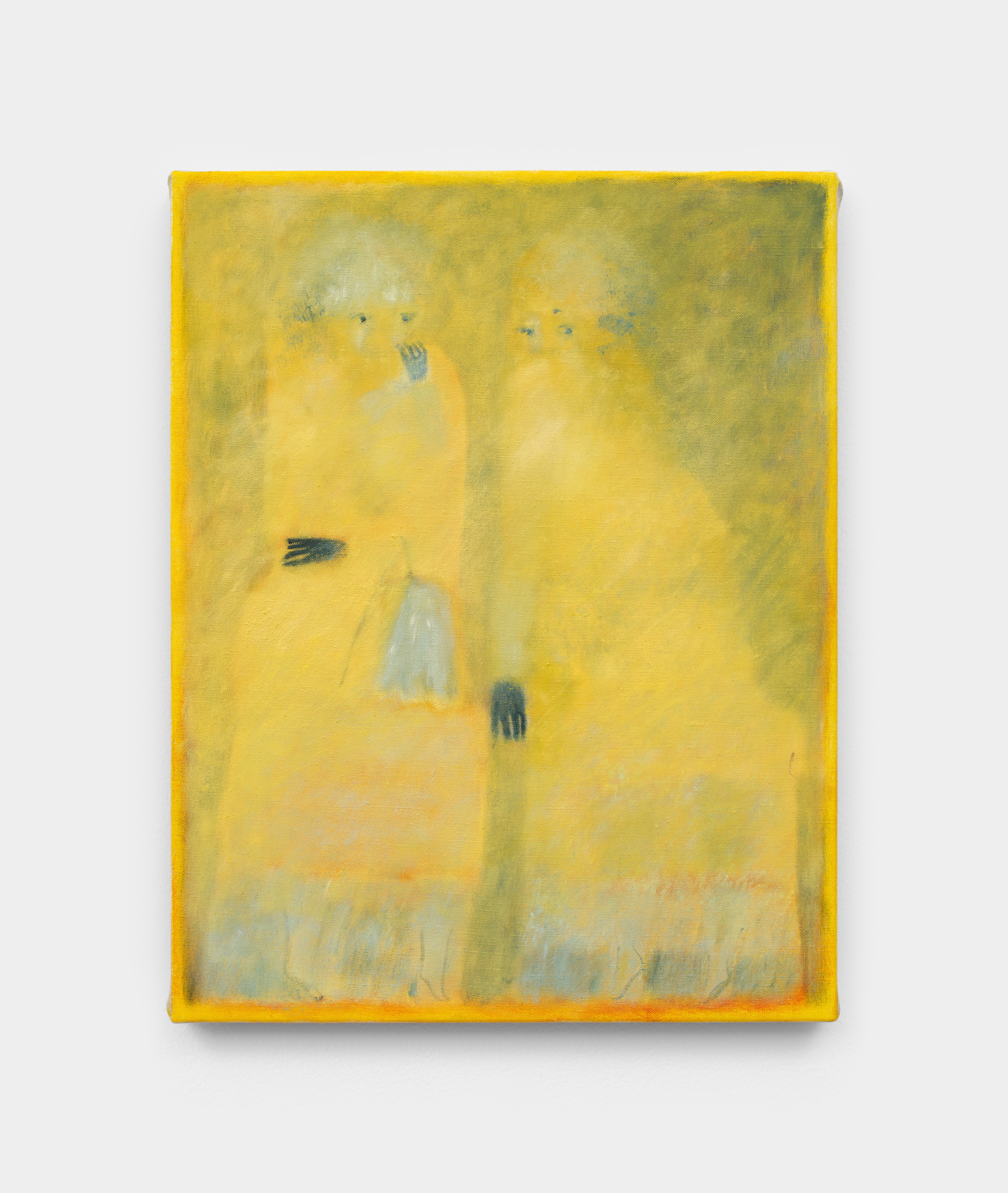 A small yellow painting of two faint figures. 