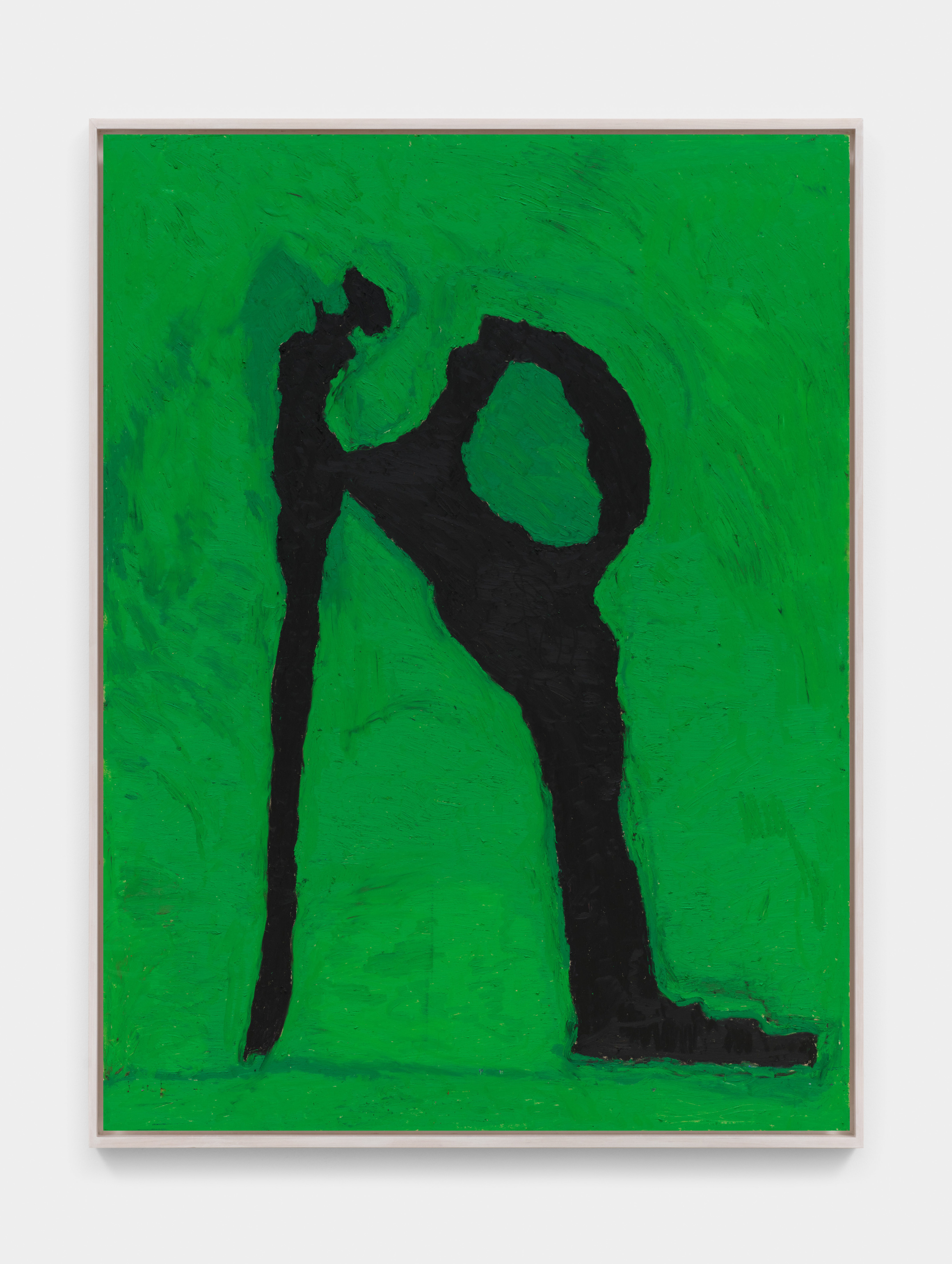 An oil stick on wood panel painting of an abstract anthropomorphic leg like shape rendered in jet black against an emerald green background.