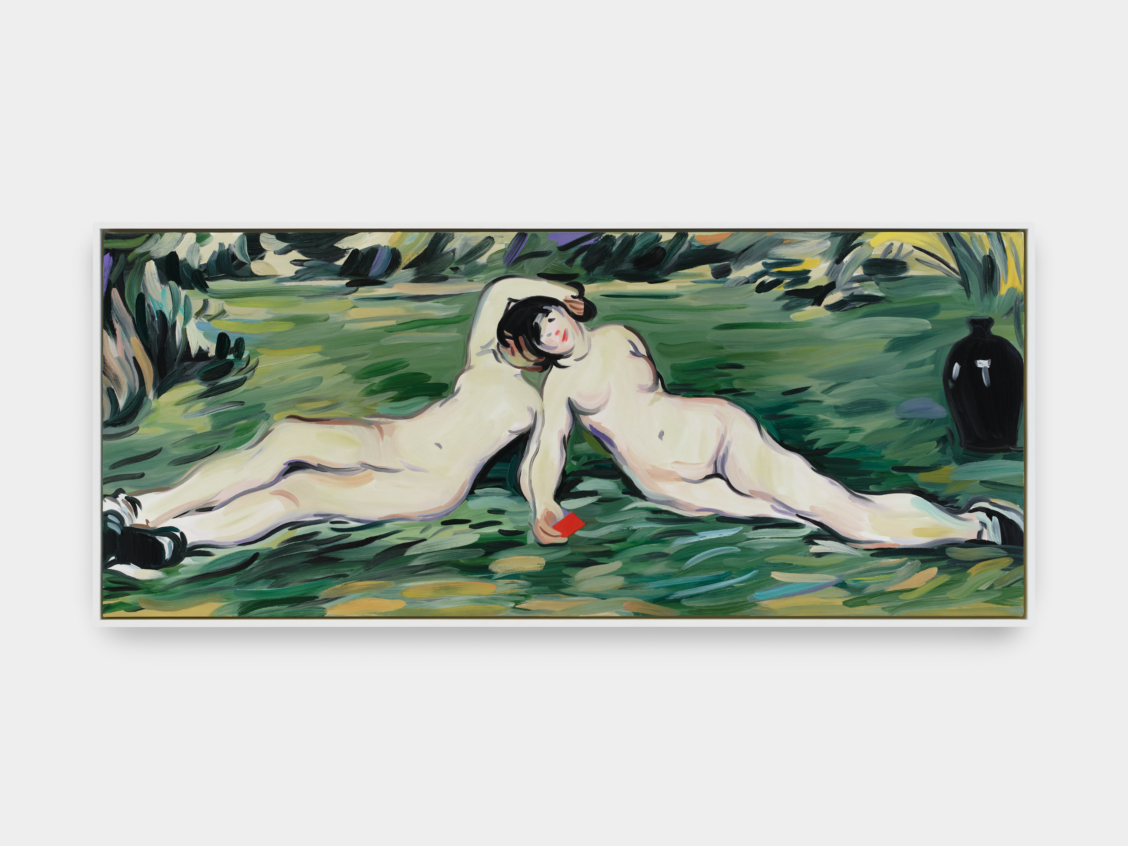 A painting of an AI generated image in the style of Édouard Manet depicting two nude figures laying on the grass.