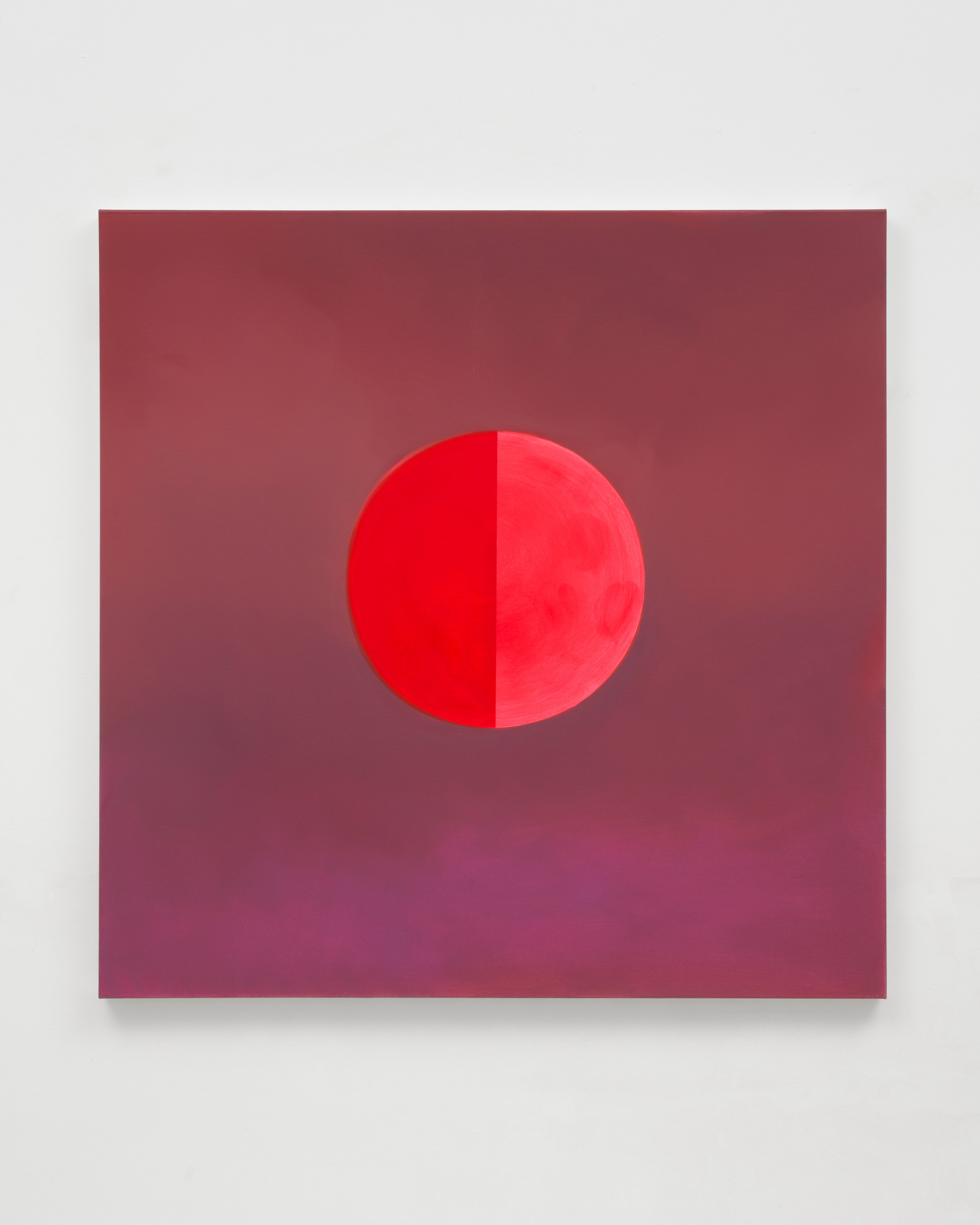 A square painting by Wanda Koop of two tone split red and bright pink moon against a gradient burgundy sky.