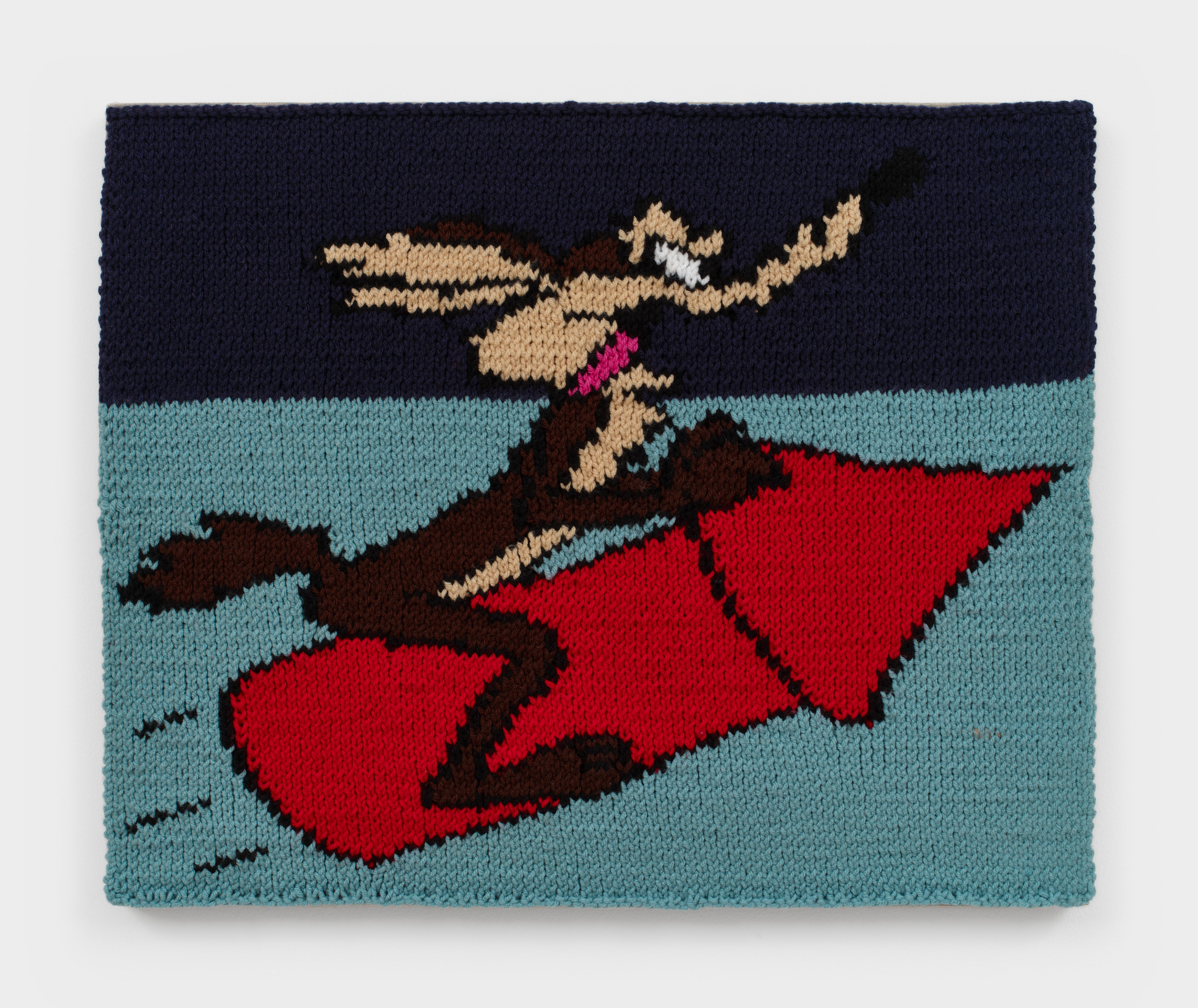 A knit artwork depicting Roadrunner on a red rocket in air against a two toned blue background, sewn onto linen and stretched.