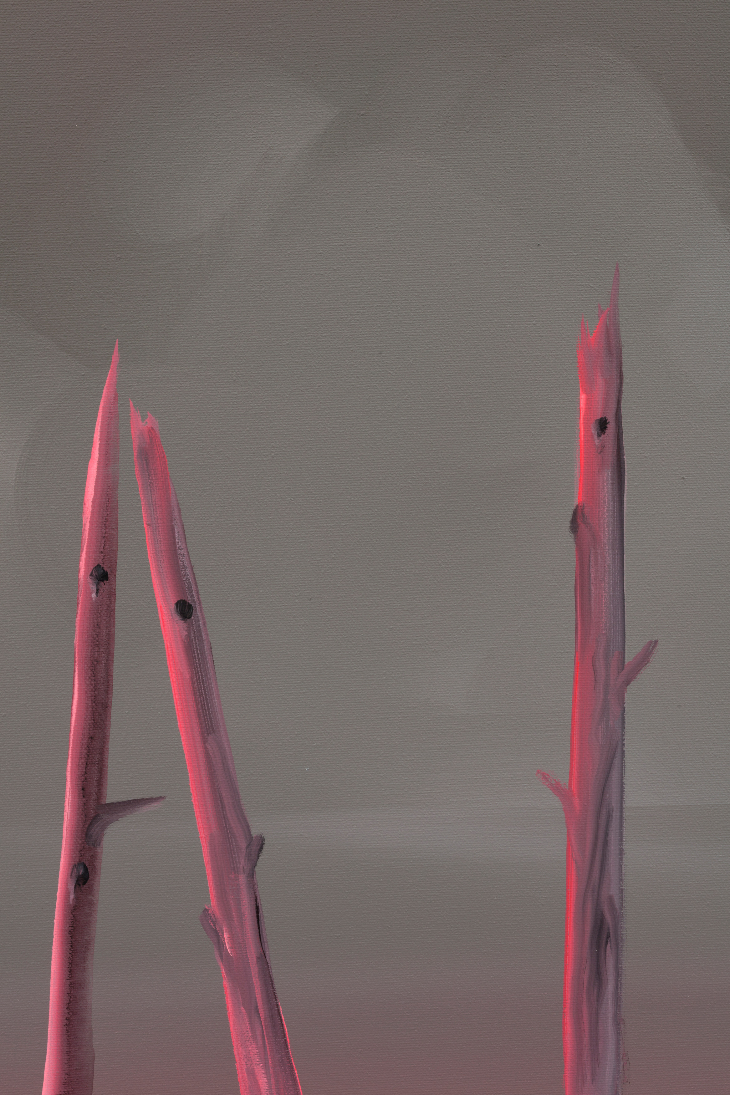 Detail of three pink and grey twigs in Wanda Koop's "Ghost Tree AI (Grey Sky)"
