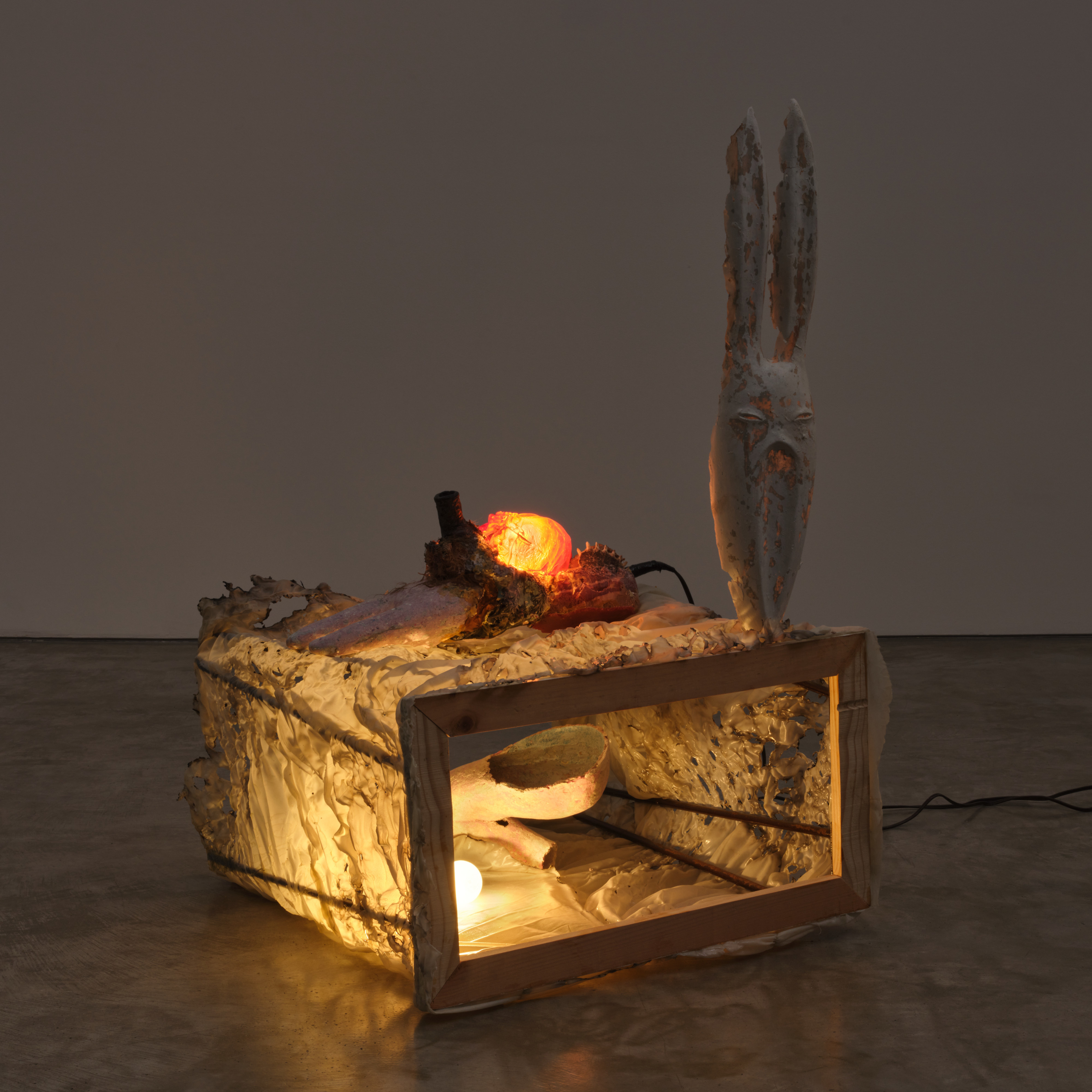 Catalina&amp;nbsp;Ouyang, Happening, 2022
burned fabric, resin, steel, wood, angle grinder, beeswax, found textiles, epoxy clay, wire mesh, plaster, papier mache, light, horse hair, turtle shell
44 7/8 x 31 x 28 3/4 in (114 x 78.7 x 73 cm)

800px