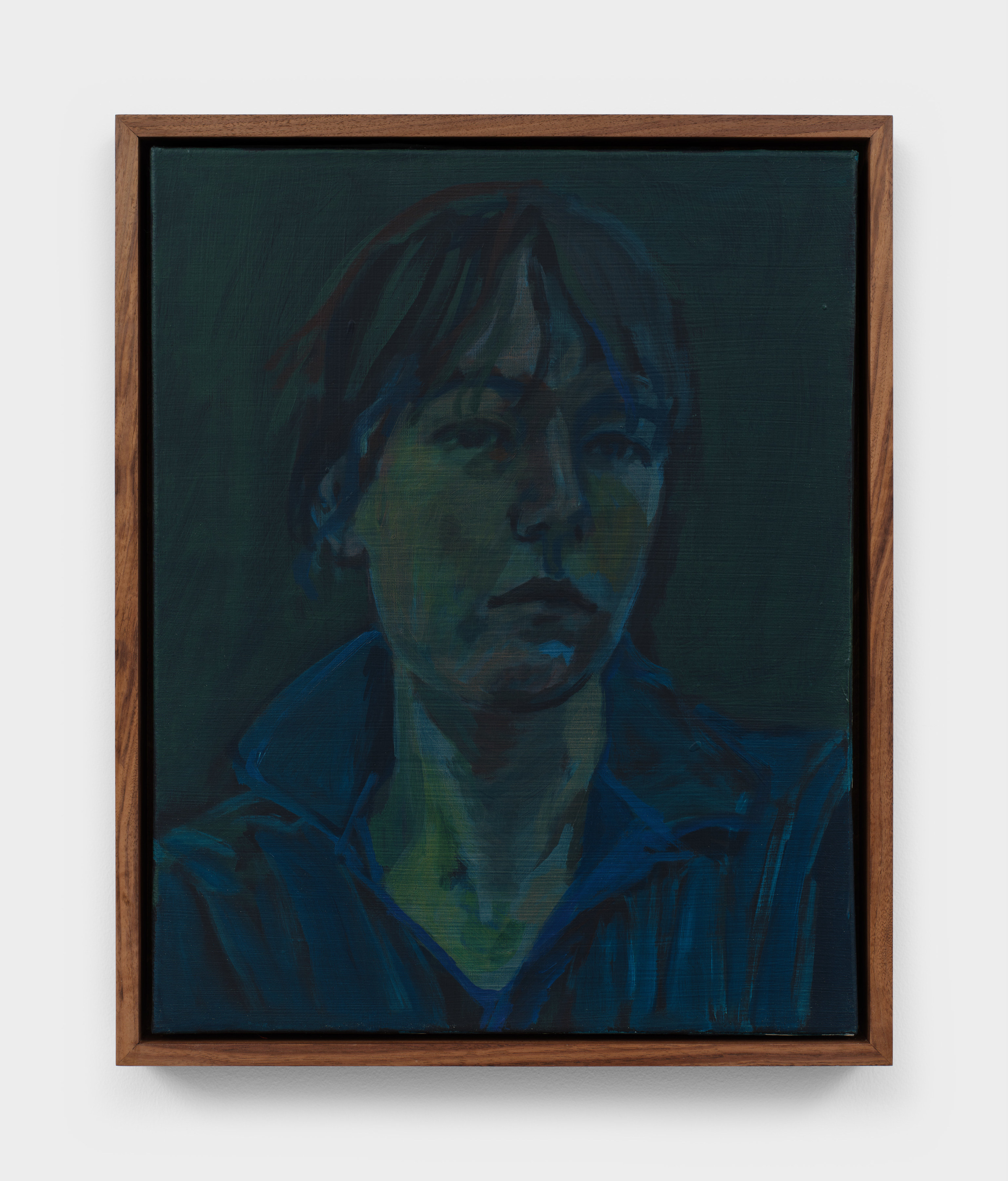 A self portrait of the artist in dark blue and green hues. 