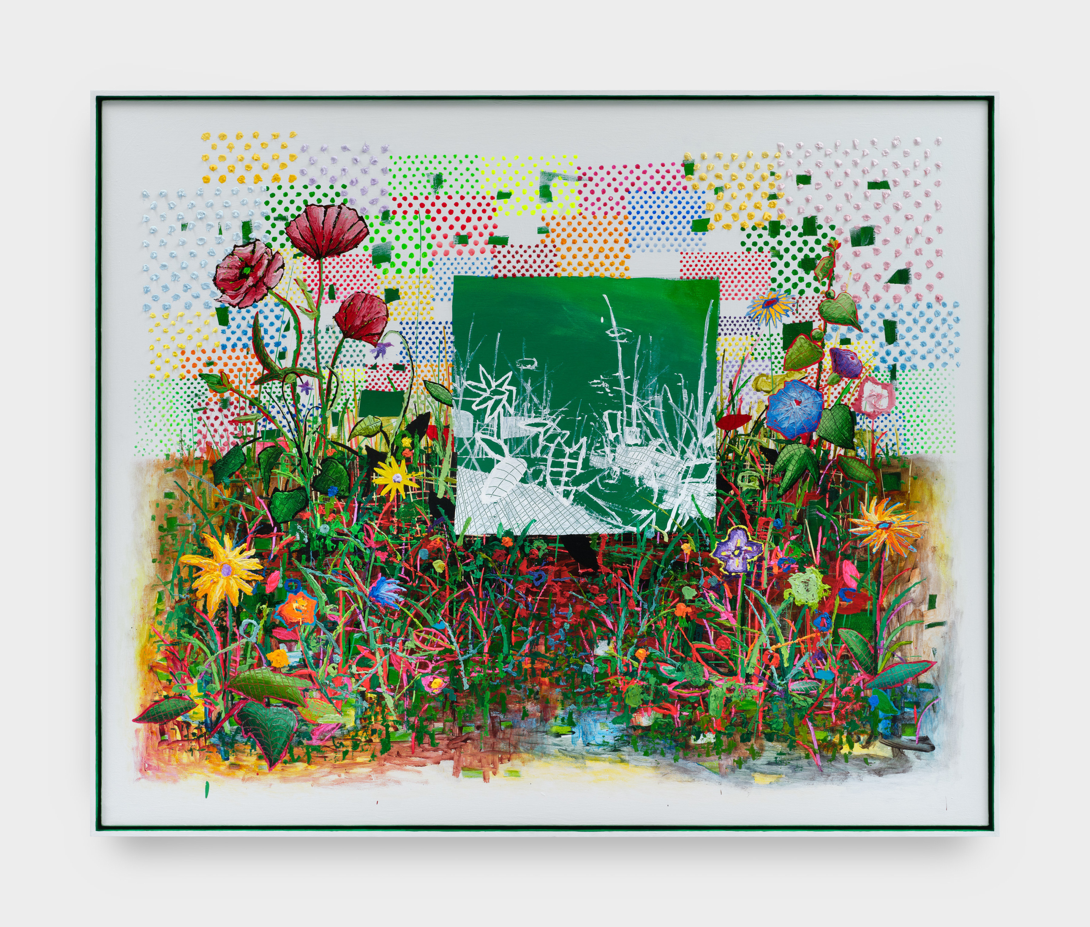 This piece utilizes an array of colors such as yellow, blue, green, red, pink, orange, purple to create a scene of wild flowers and foliage. At the center is a vibrant green square with white outline image of plants and branches.
