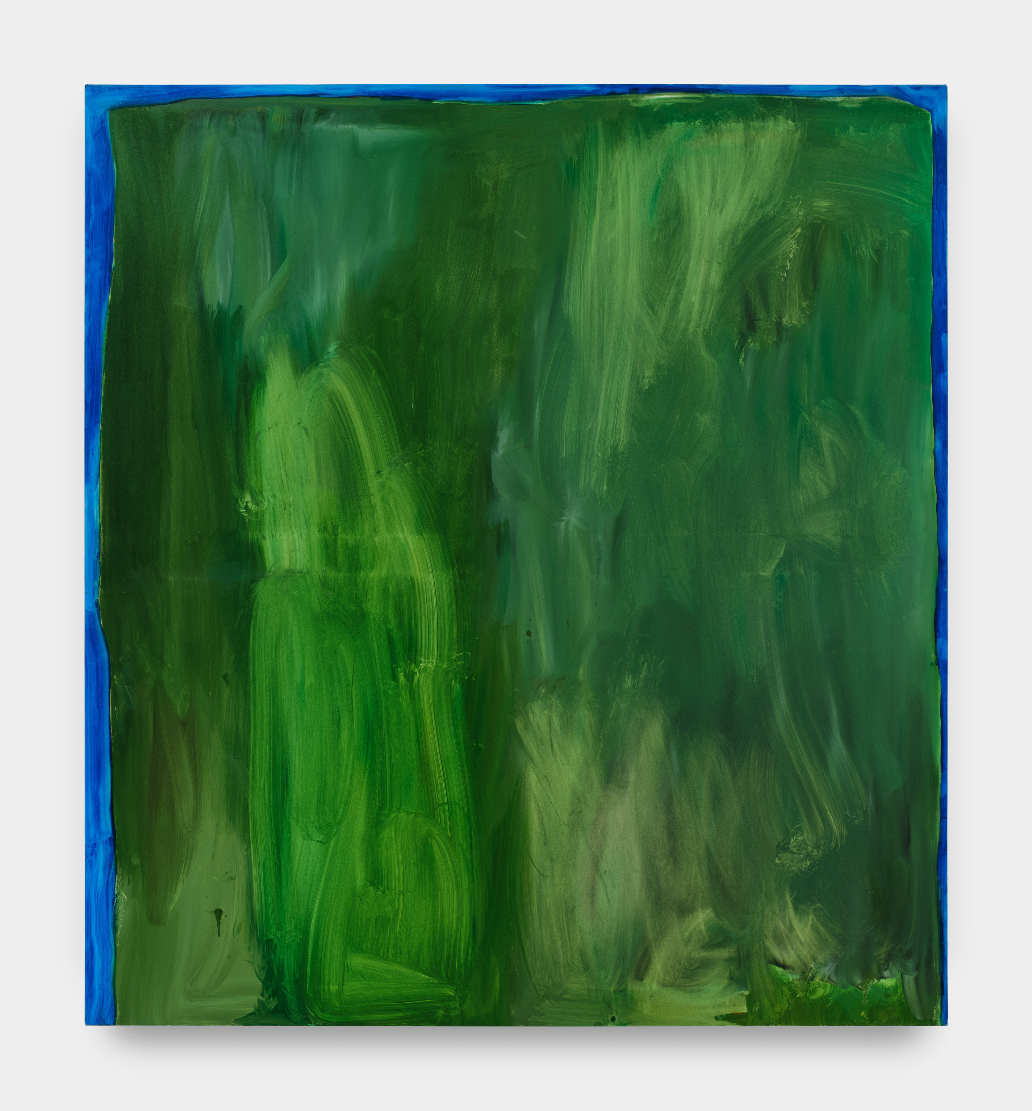 A square abstract painting with dynamic brushstrokes in deep green hues with a thin border of blue pigment along the left, top and right sides of the canvas.