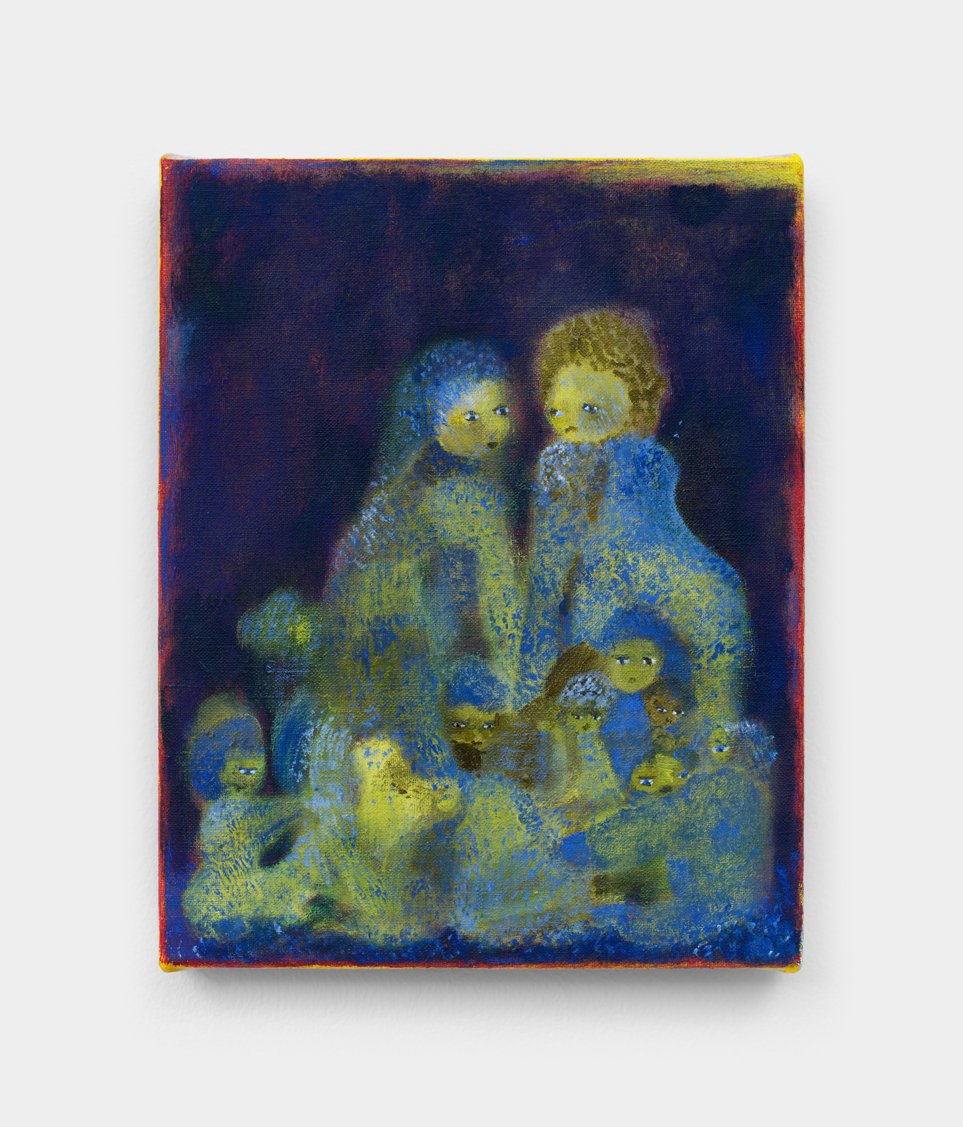 A small painting of two larger adult figures with many childlike figures around them rendered in speckled washes of yellow and blue against a dark navy background.