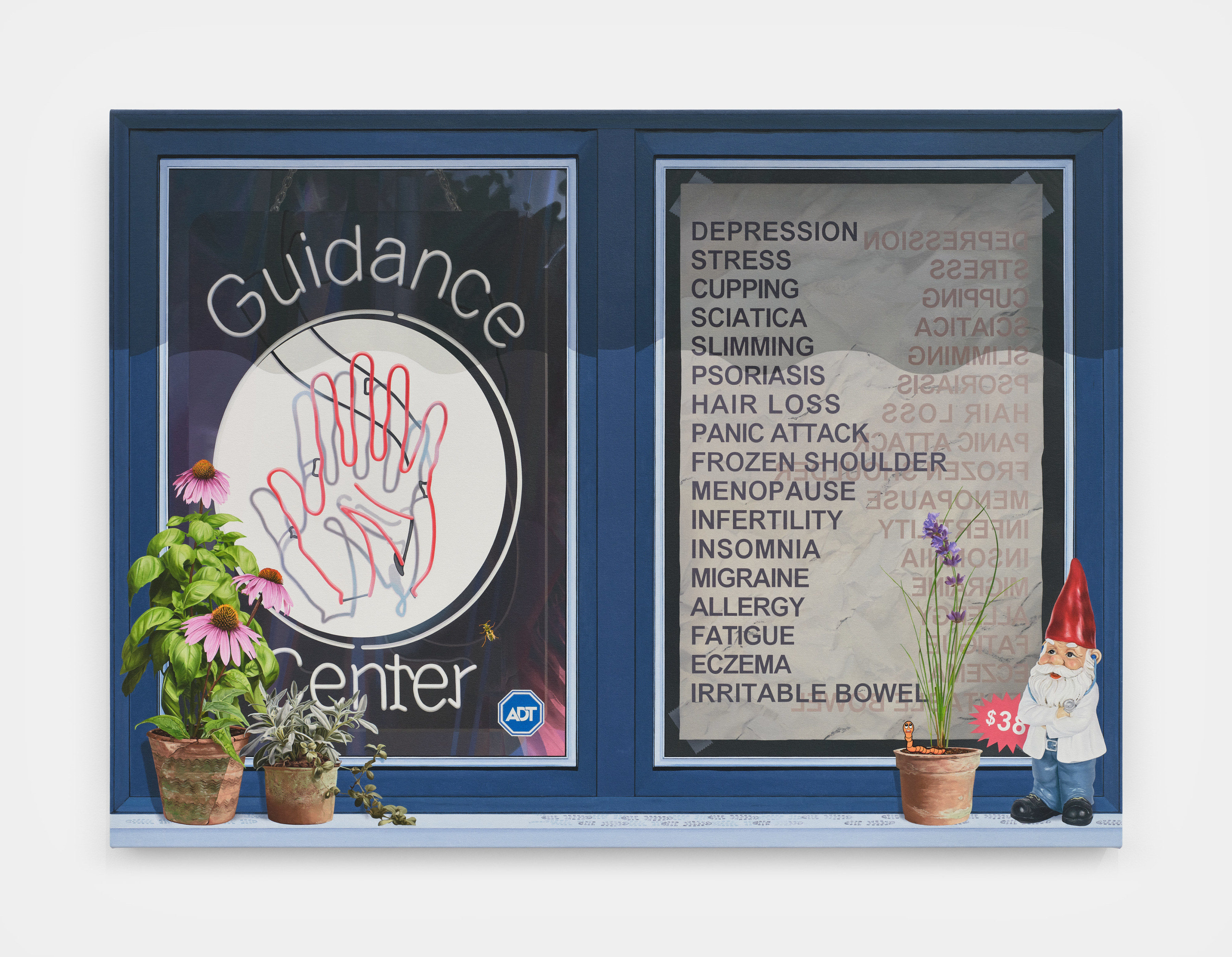 A painting by Kayla Witt of a store window sill with signage for guidance and various new age therapeutic treatments.