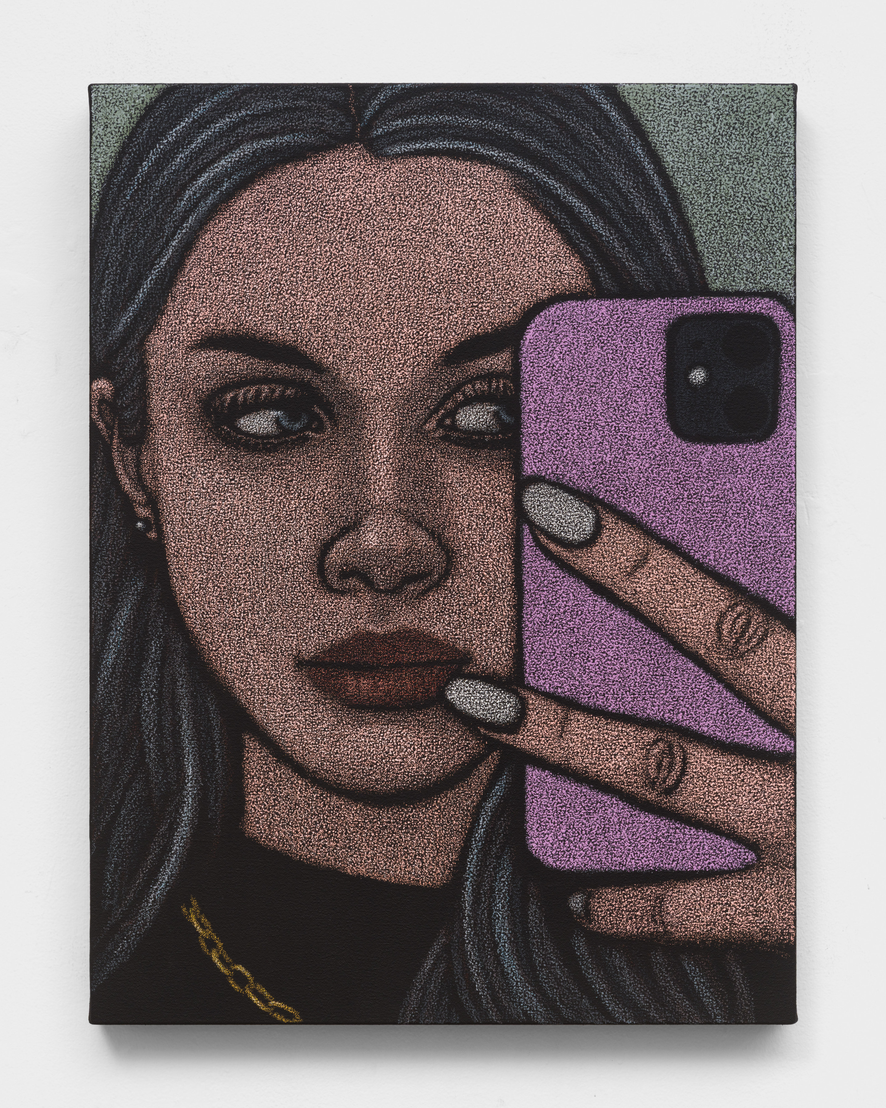 An oil pastel painting of a woman taking a selfie in the mirror with a smartphone.
