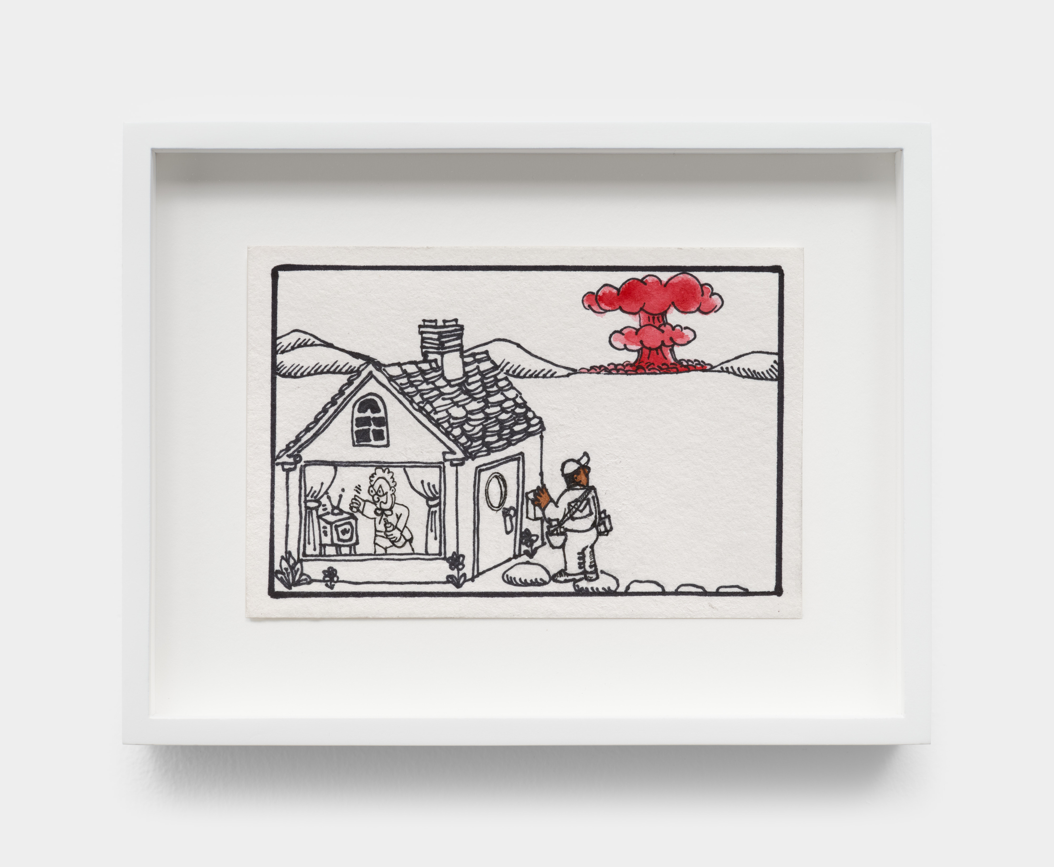 A small ink drawing of a mailman about to ring the doorbell of a man whacking his television while a red mushroom cloud erupts in the background.