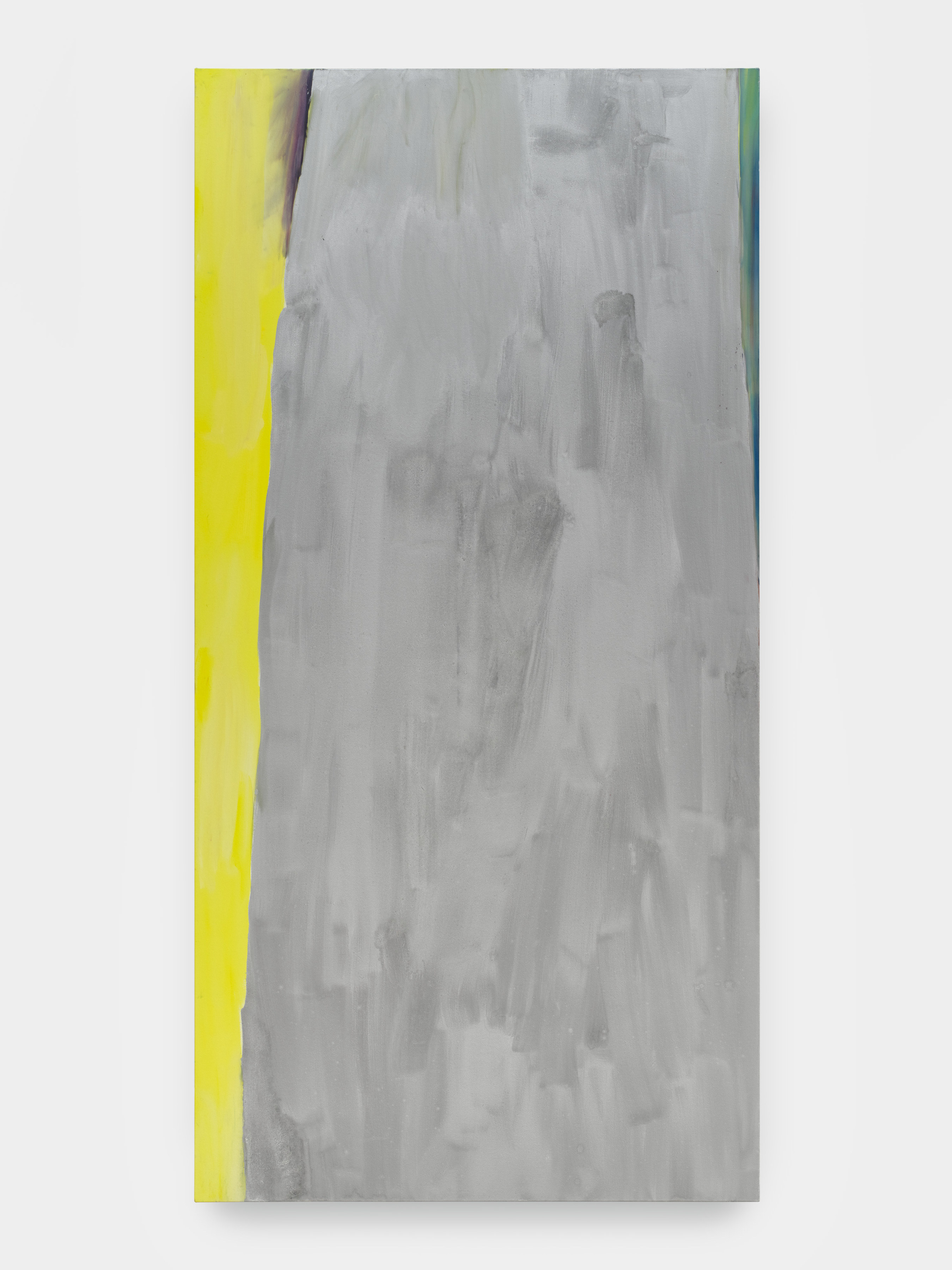 A large vertically rectangular abstract painting in silver with a lime green swatch of color along the left side of the painting.