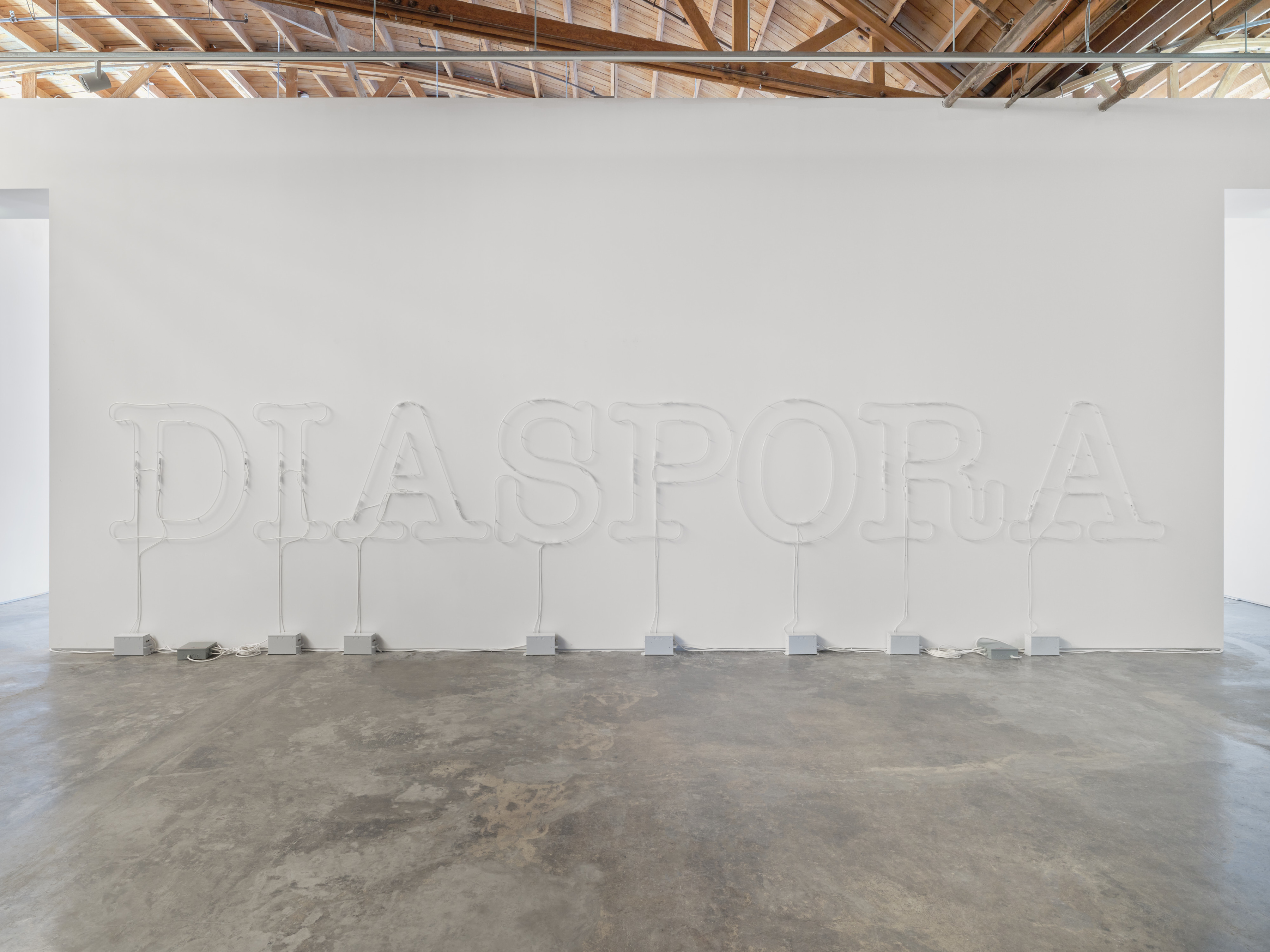 Large white neon letters that read "DIASPORA" mounted on the wall. 