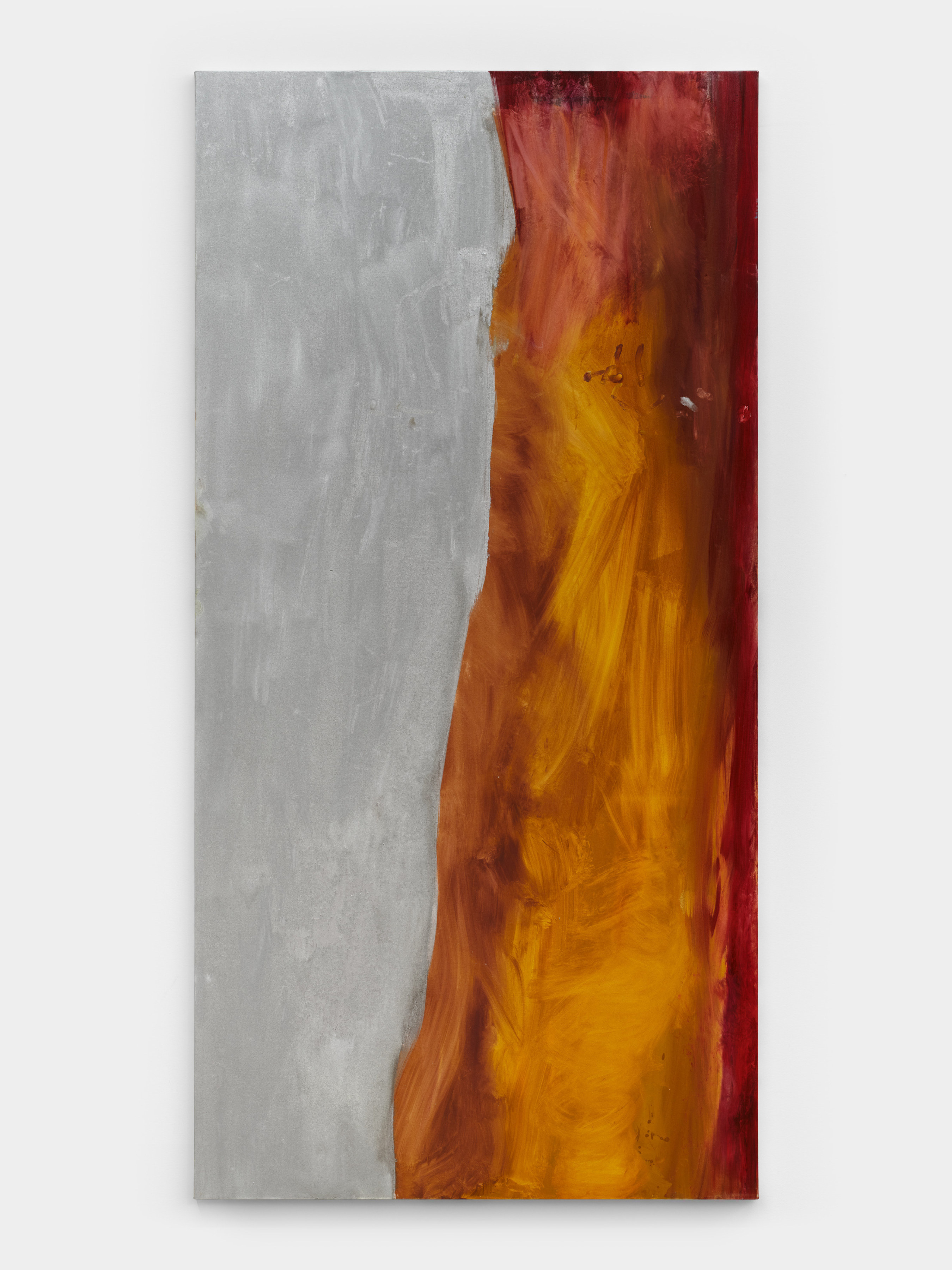 A large vertically rectangular abstract painting in silver on the left half and a rusted ochre on the right side. 