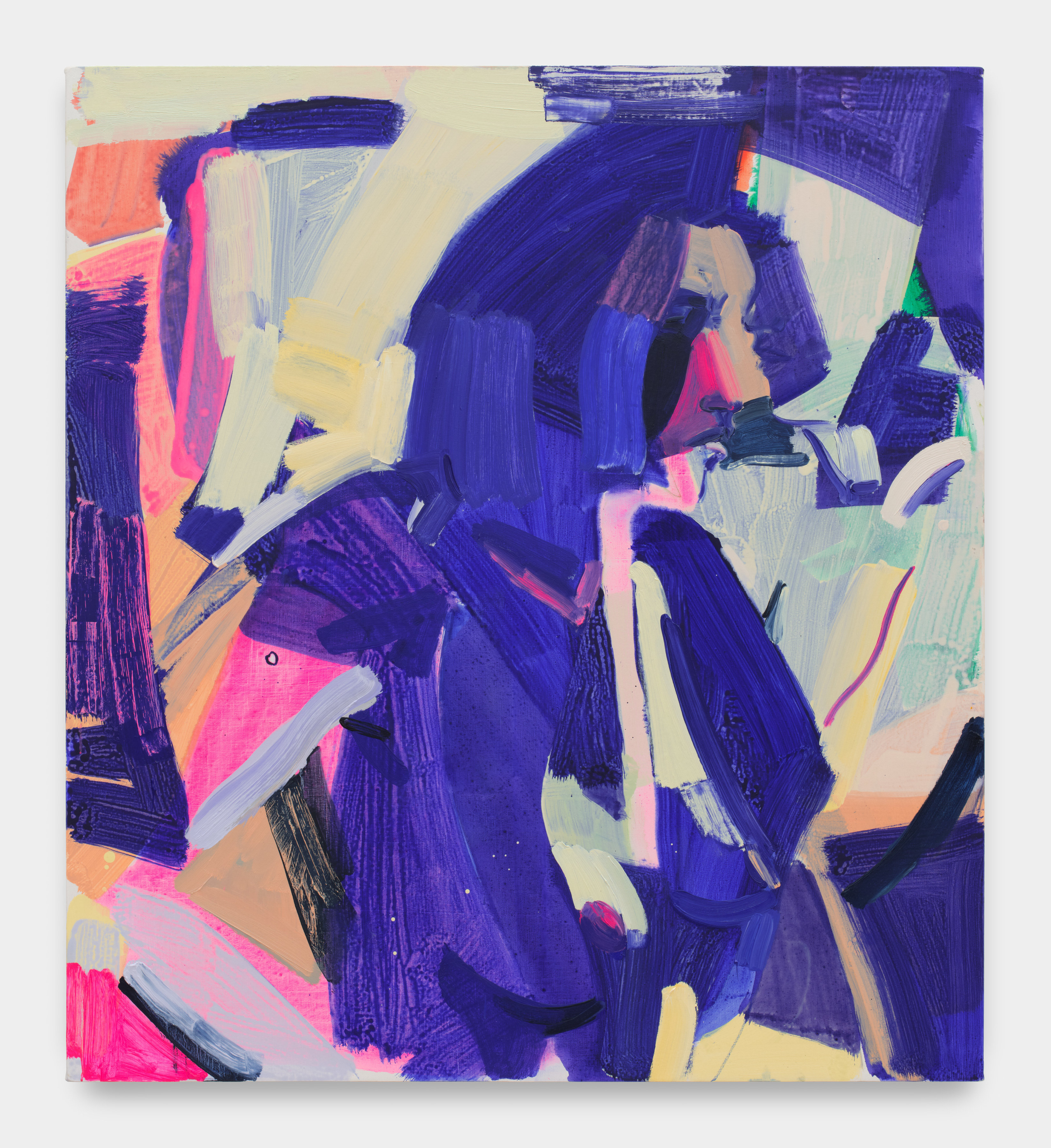 The profile of a nude woman comprised of loose geometric swatches of indigo, violet, hot pink, pale green and cream. 
